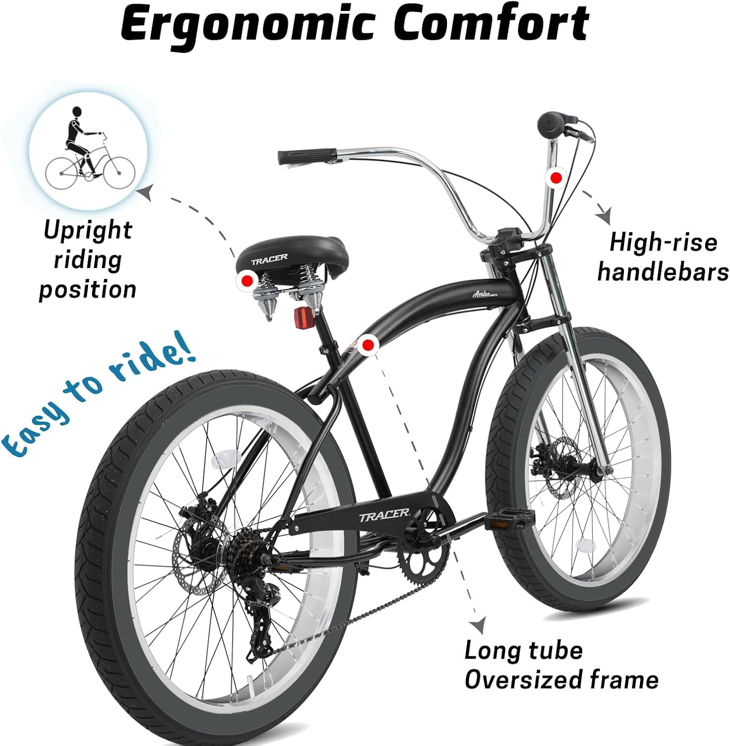 Tracer Bikes Avalon GT7 Beach Cruiser Bike, 7-Speed, Disc Brakes, Fat Tires (Matte Black, 29 in) 04rdn