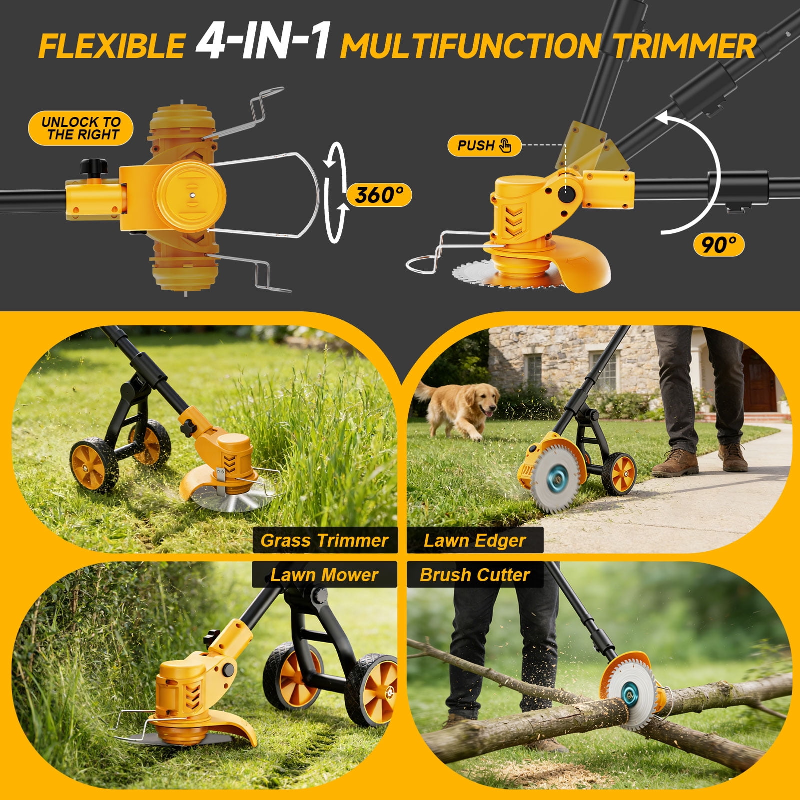 Lemolifys Cordless Electric Grass Trimmer with Wheels and 3 Blades (Yellow, 6 in) ocaa6