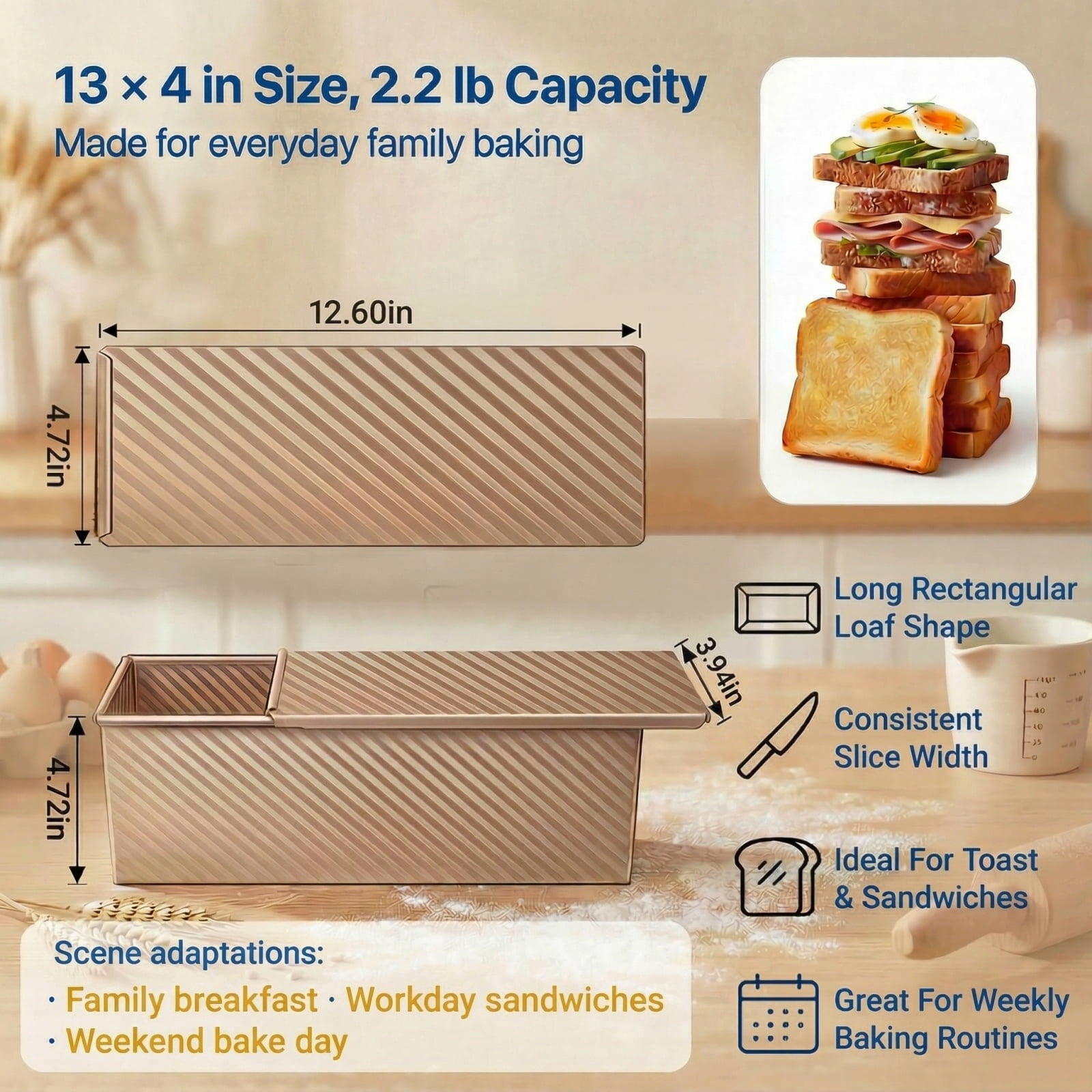 LYLHZRMDGC Pullman Bread Loaf Pan with Lid (Gold, 2.2 lb) hkb8p