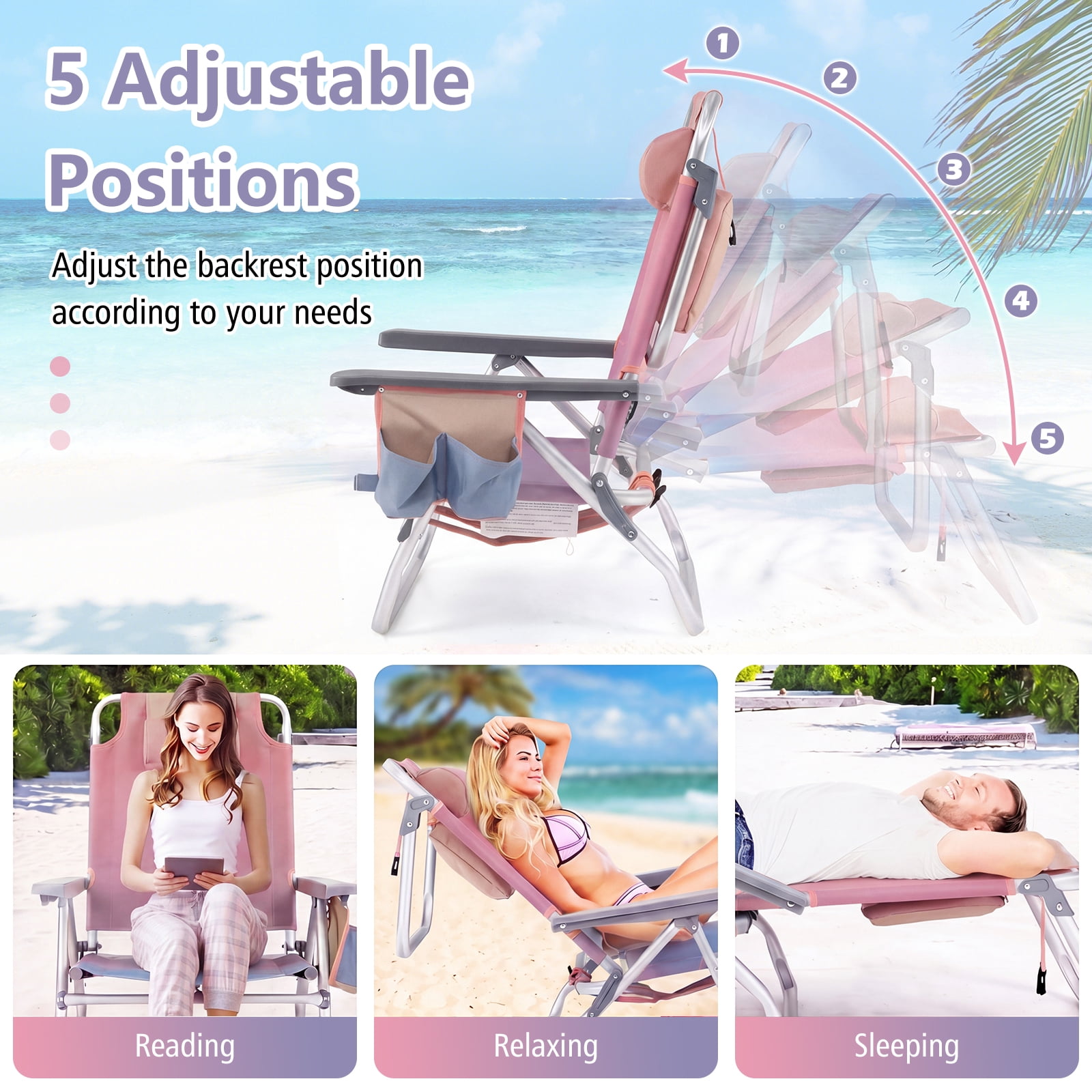 Gymax 3-Piece Outdoor Camping Set, 2 Folding Beach Chairs & Portable Aluminum Side Table, 5-Level Adjustable Backrest (Pink) mruq7