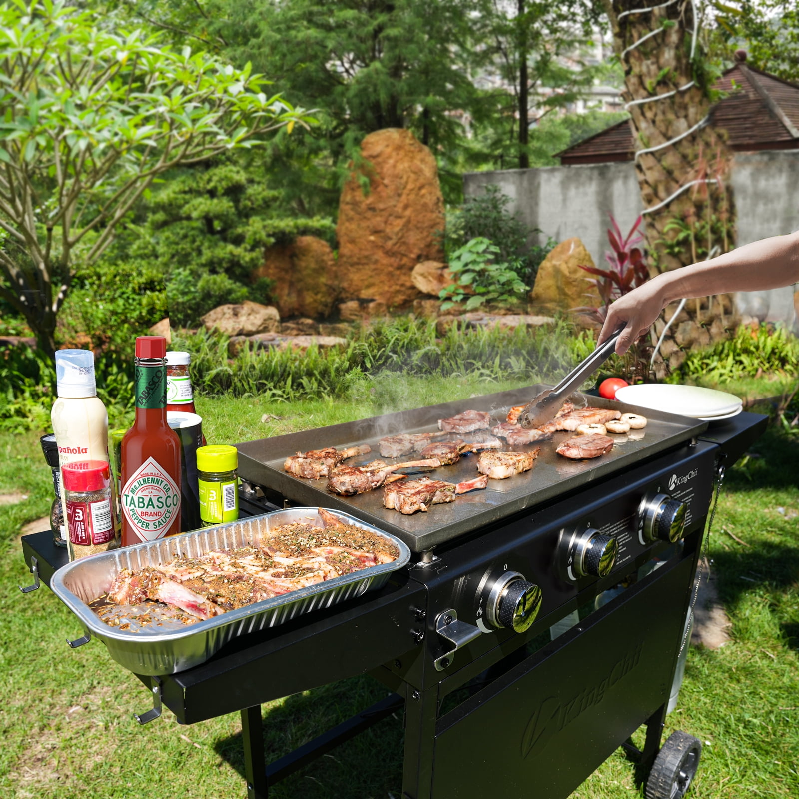 KingChii 3-Burner Propane Griddle Outdoor Flat Top Gas Grill with Side Shelves (Black, 27 in) w1gqf