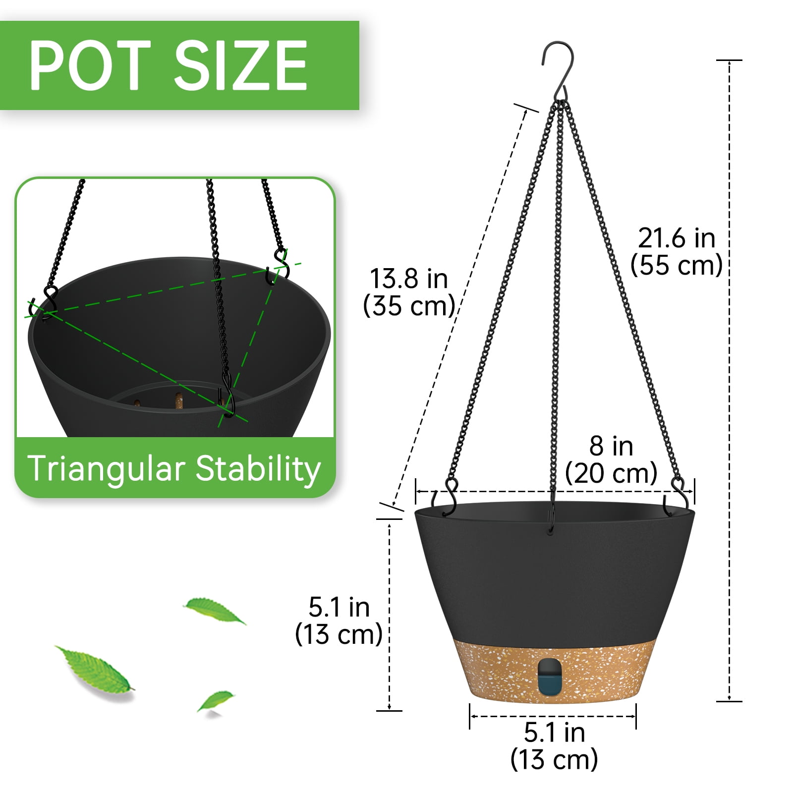 Fiason Self-Watering Hanging Planters with Drainage and Chain Hanger (Black, 8 in, 2 Pack) sup0q