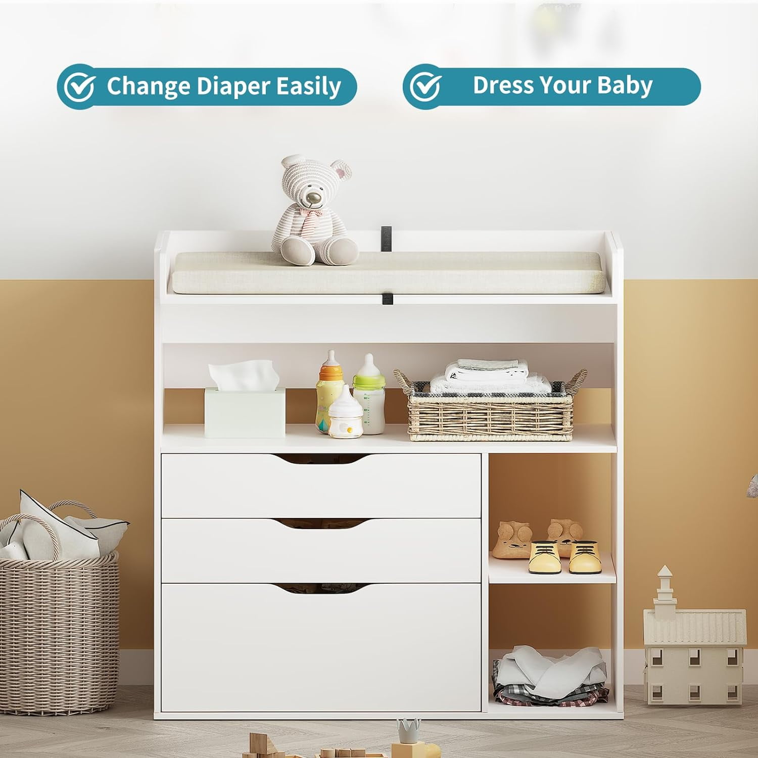 Linor Baby Changing Table Dresser with 3 Drawers and 3 Storage Shelves (White, 34.3 in x 18.5 in x 34.5 in) lfr9j