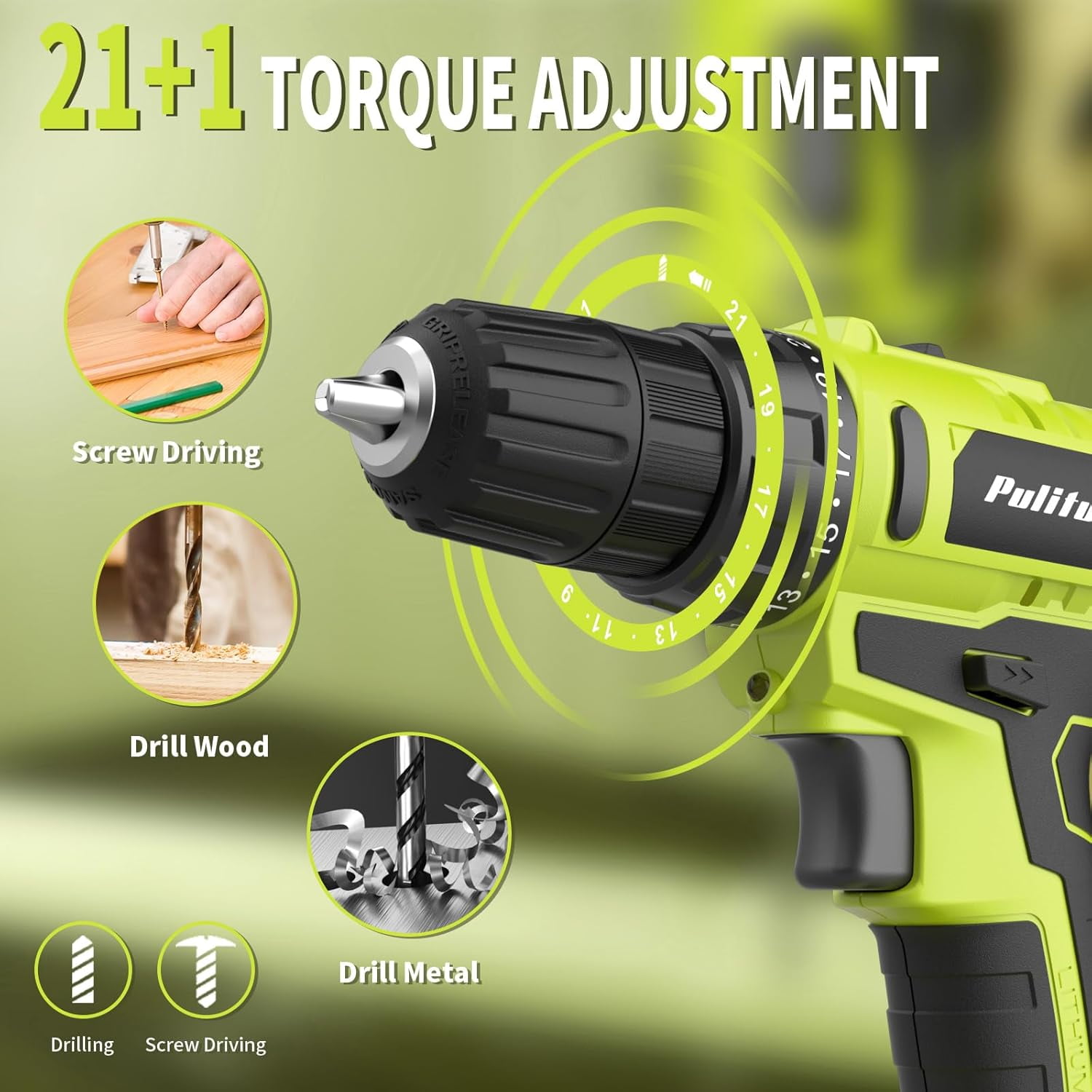 Pulituo 20V Cordless Drill Driver Kit, All-Purpose Home Repair Tool Set with 119 Pieces (Green, 119-Piece Set) gevl8