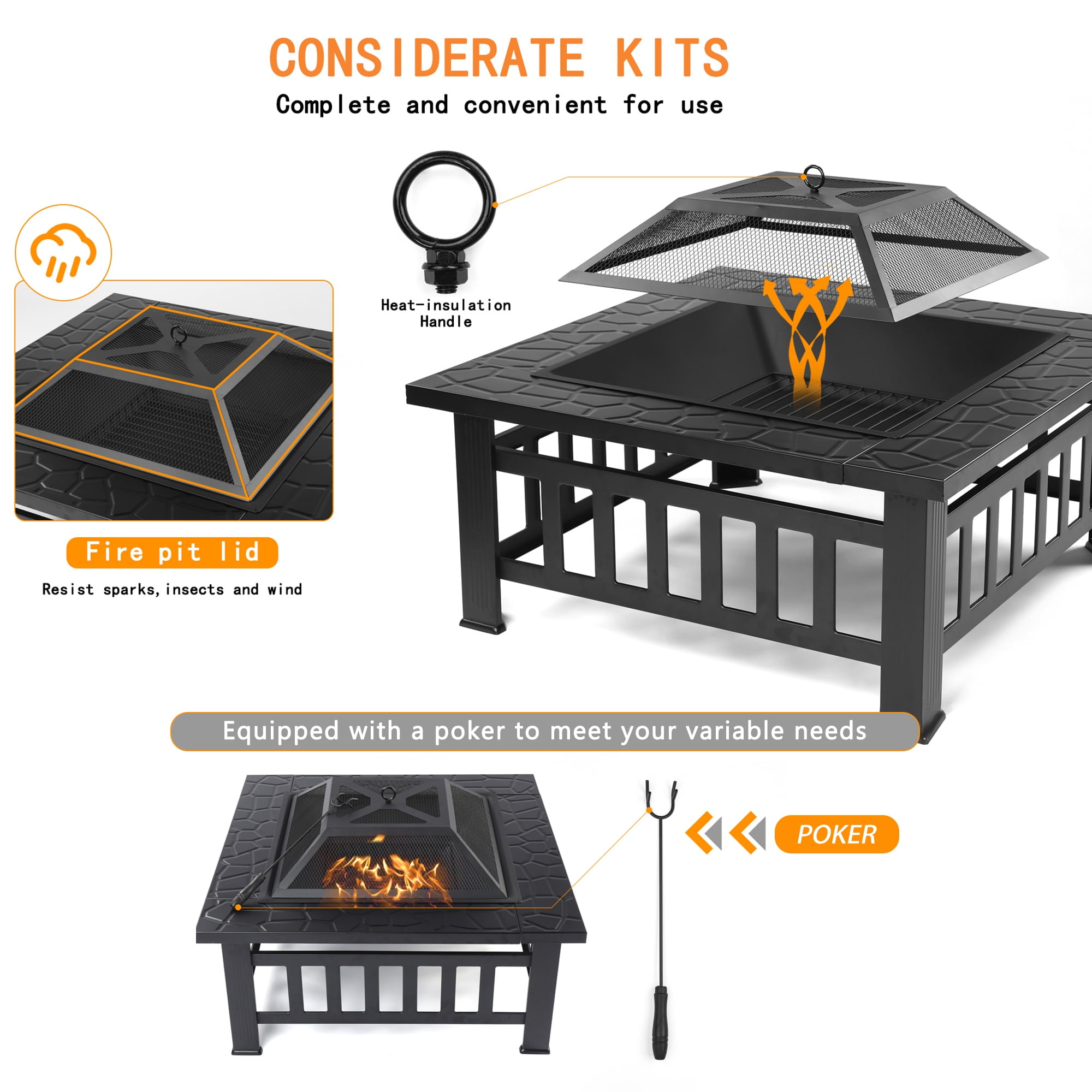 Segmart Outdoor Fire Pit Table, 32 in Square Wood Burning Fire Pit with Spark Screen and Log Poker (Black, 32 in) c7uir