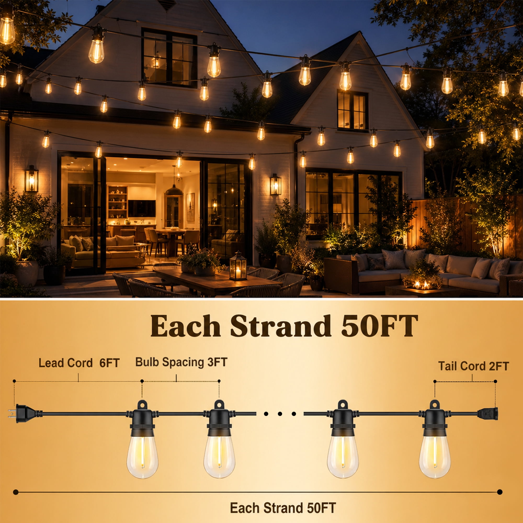 DAYBETTER S14 LED Outdoor String Lights, Waterproof Hanging Edison Bulbs for Patio and Garden (Warm White, 100 ft) x6ceb