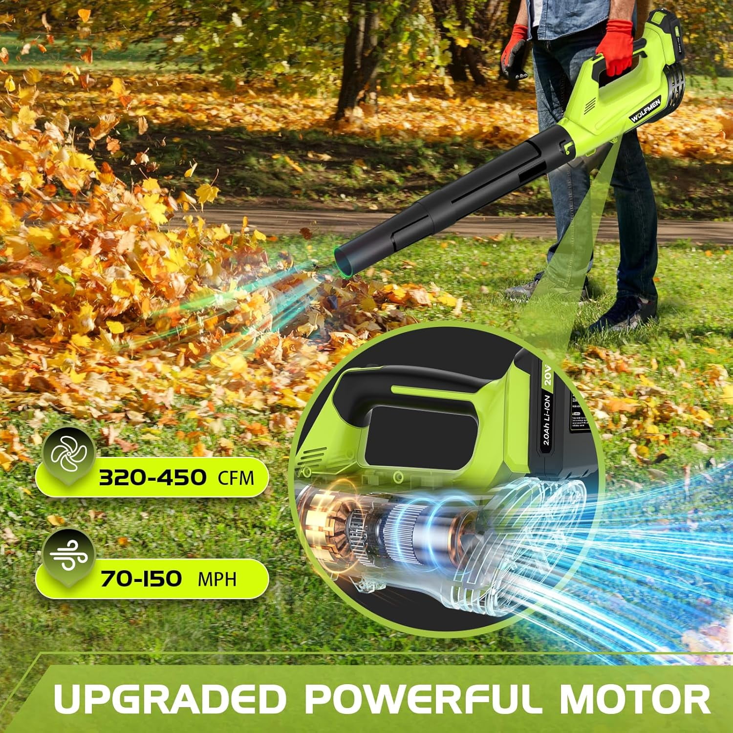Darkiron Cordless Leaf Blower, 20V Electric Power Sweeper with 2 Batteries & Charger, 450 CFM High-Velocity Airflow, Lightweight Design (Green, 2-Pack Battery) 8ip1p