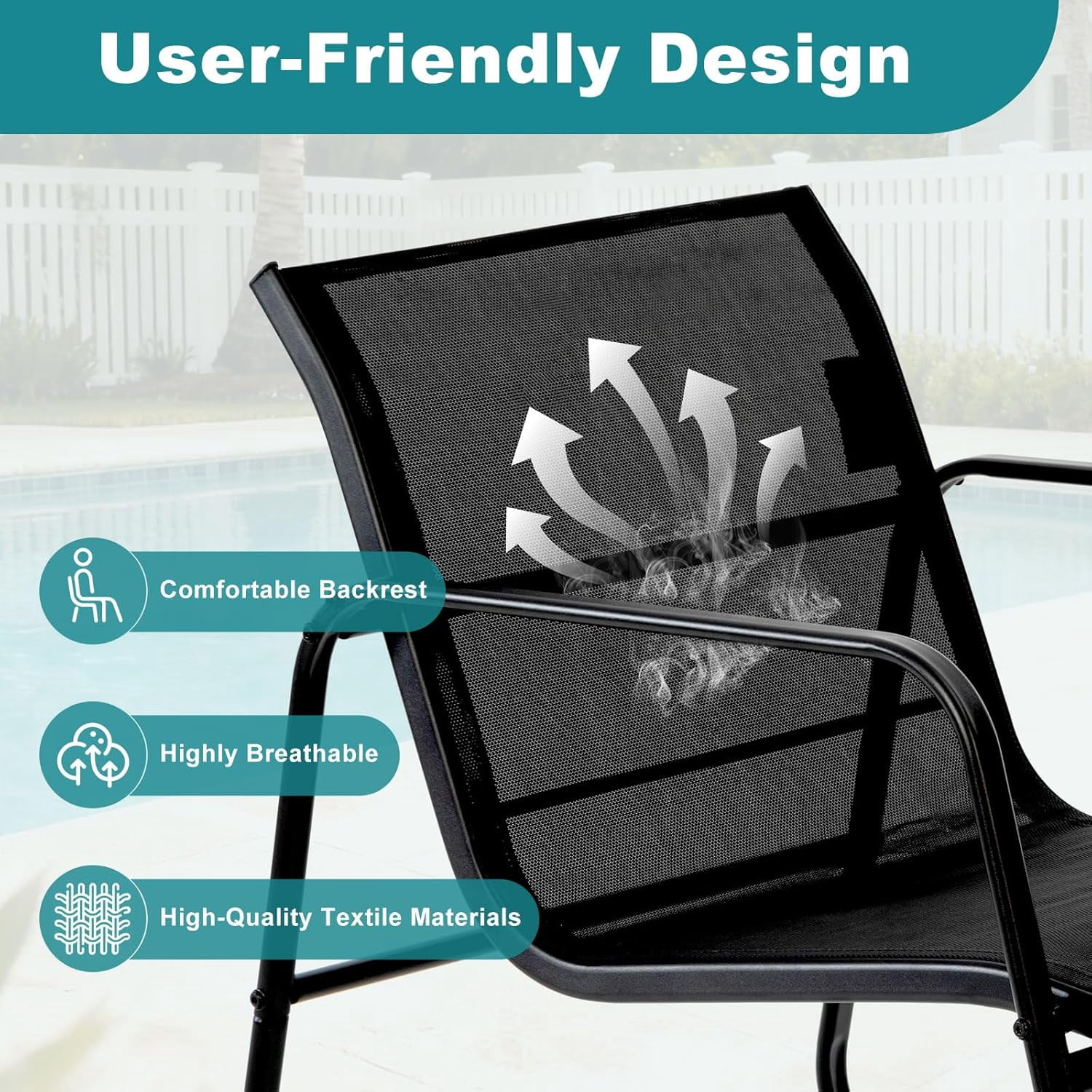 Betcozy 3-Piece Outdoor Bistro Set, Patio Conversation Furniture with Textilene Chairs and Tempered Glass Side Table (Black, 3-Piece Set) v61h2