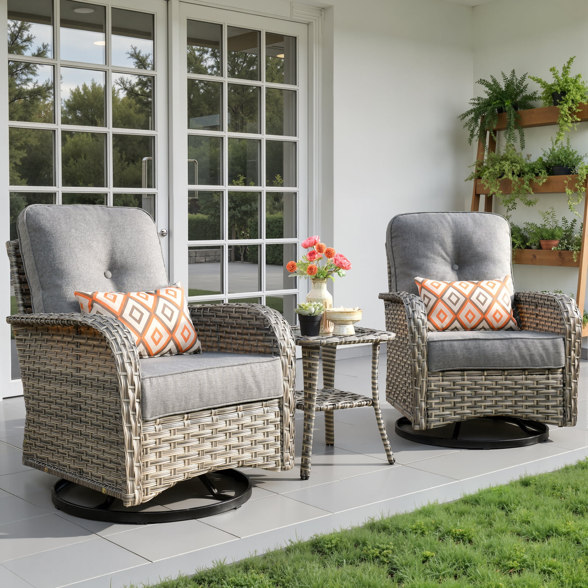 Ovios 3-Piece Patio Furniture Set, 2 Swivel Rocking Wicker Chairs with Side Table (Grey) qj3bv