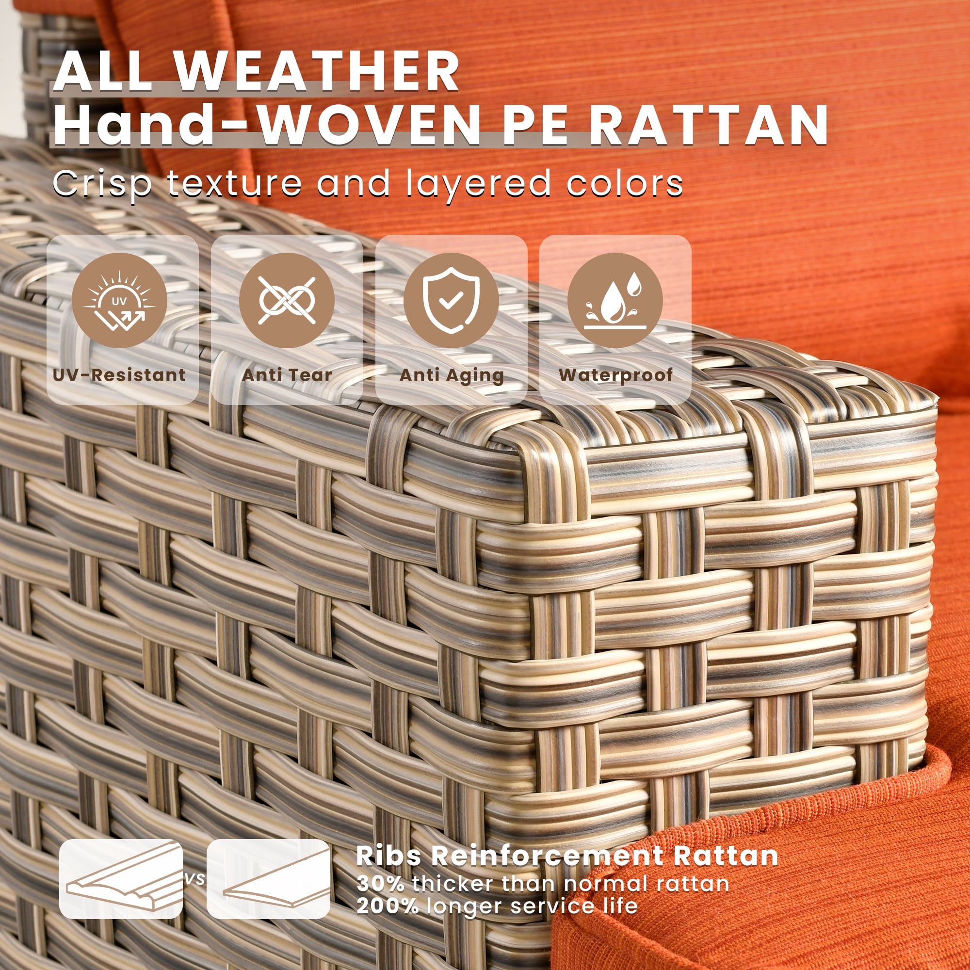VCATNET 8-Piece Outdoor Patio Furniture Sectional Sofa Set with Solar Powered Coffee Table (Orange, 8-Piece Set) h5otd