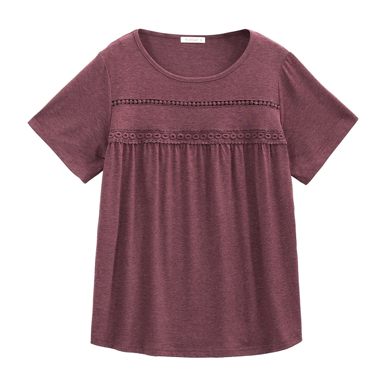 WellSize Women Plus Size Lace Tunic Blouse Casual Crew Neck Short Sleeve Summer Shirt (Brown, XXL) r1k85