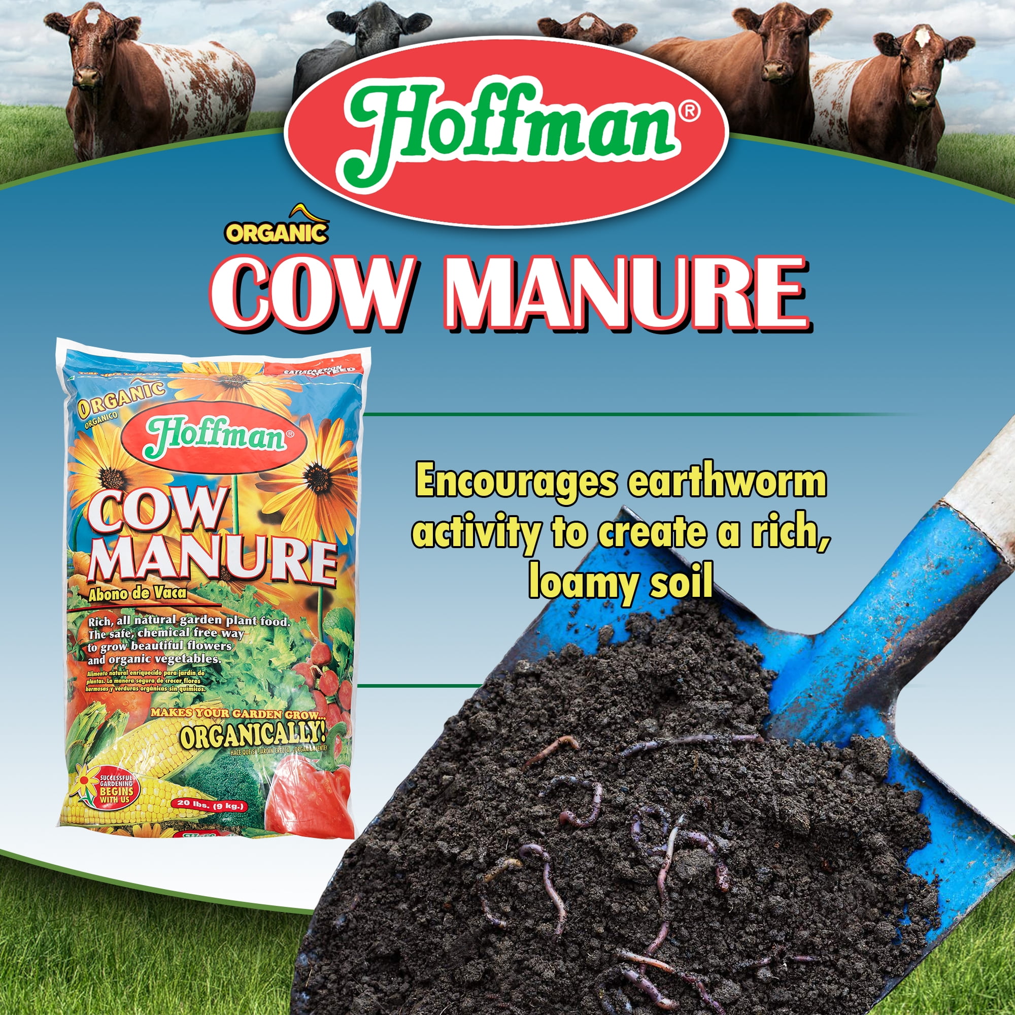 Hoffman Organic Cow Manure Garden Fertilizer for Vegetables and Flowers (1-1-1 Formulation, 20 lb) wsq4v