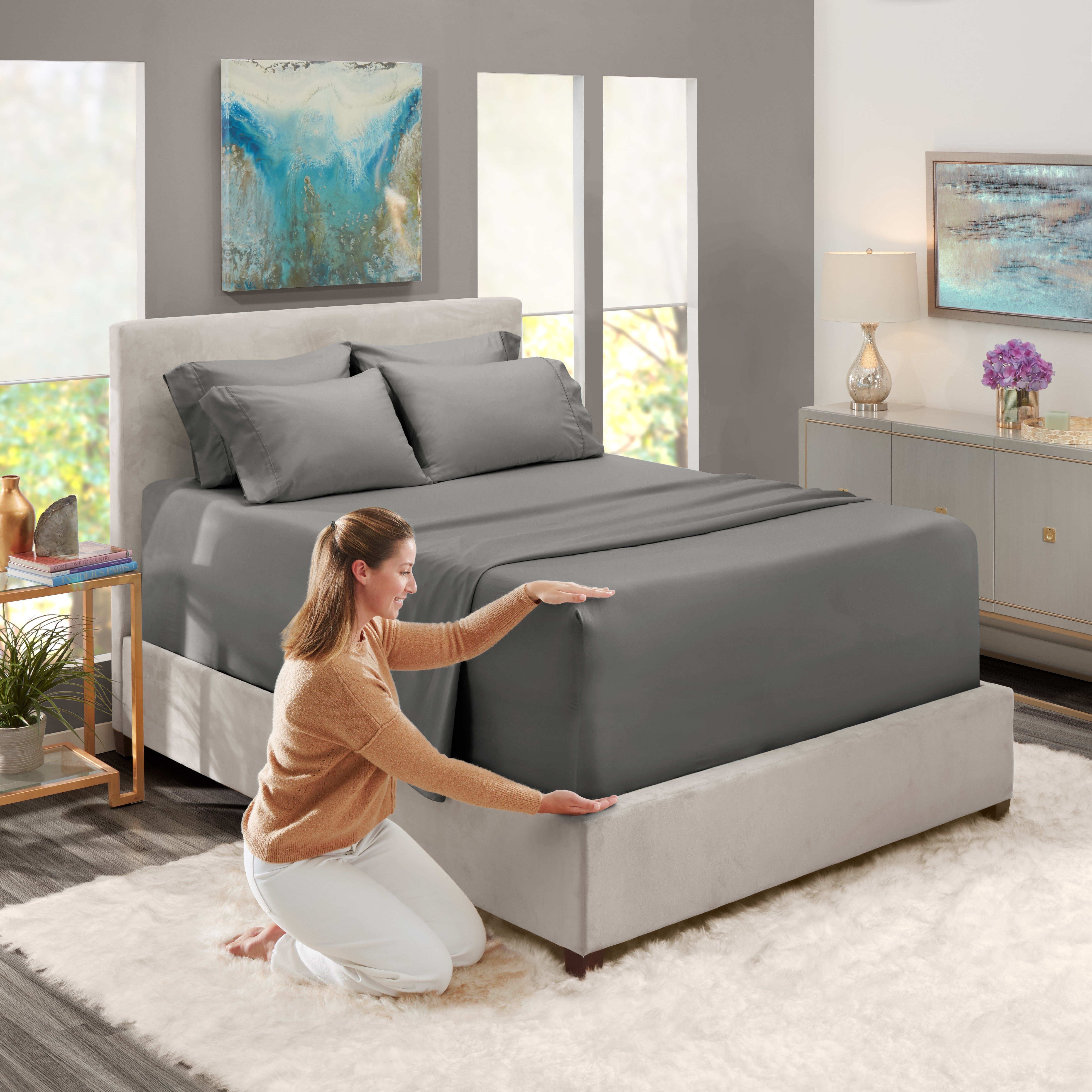 Nestl Extra Deep Pocket Queen Bed Sheet Set (Dark Gray, 6 Piece, Fits 18-24 in Mattresses) 4dk4x