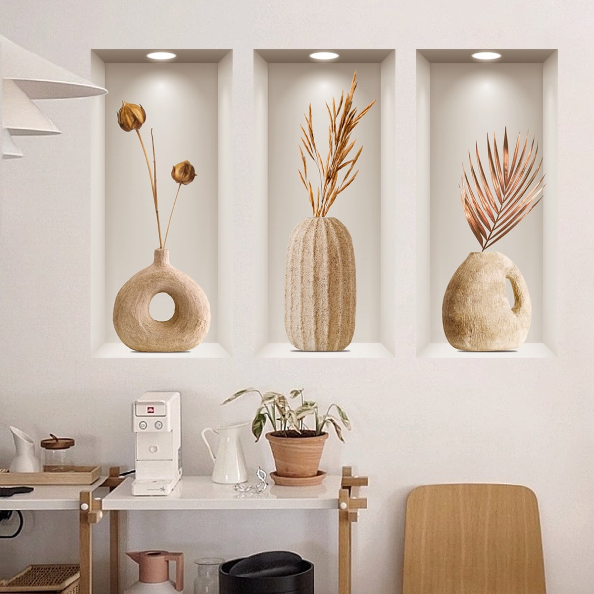 WEXIA 3D Vase Wall Stickers Removable Vinyl Art Mural Peel and Stick DIY Home Decor (Beige, 3-Piece Set) 03q3m