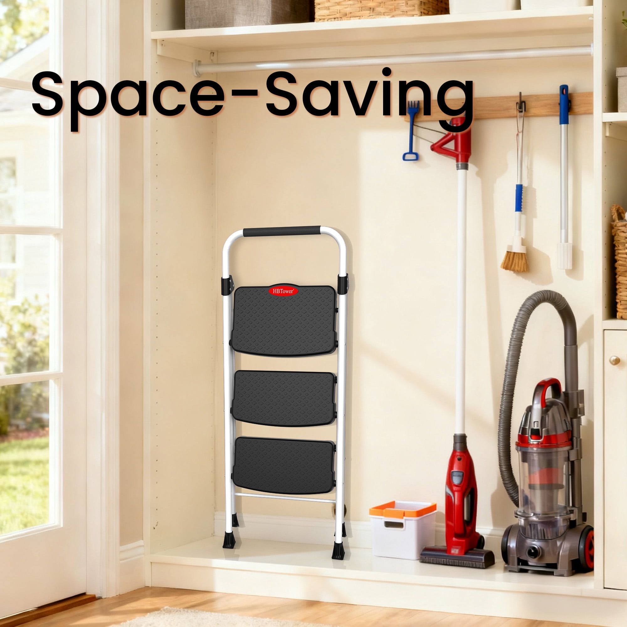 HBTower 3-Step Steel Folding Ladder with Snap-Lock (White, 330 lb Capacity) csfav