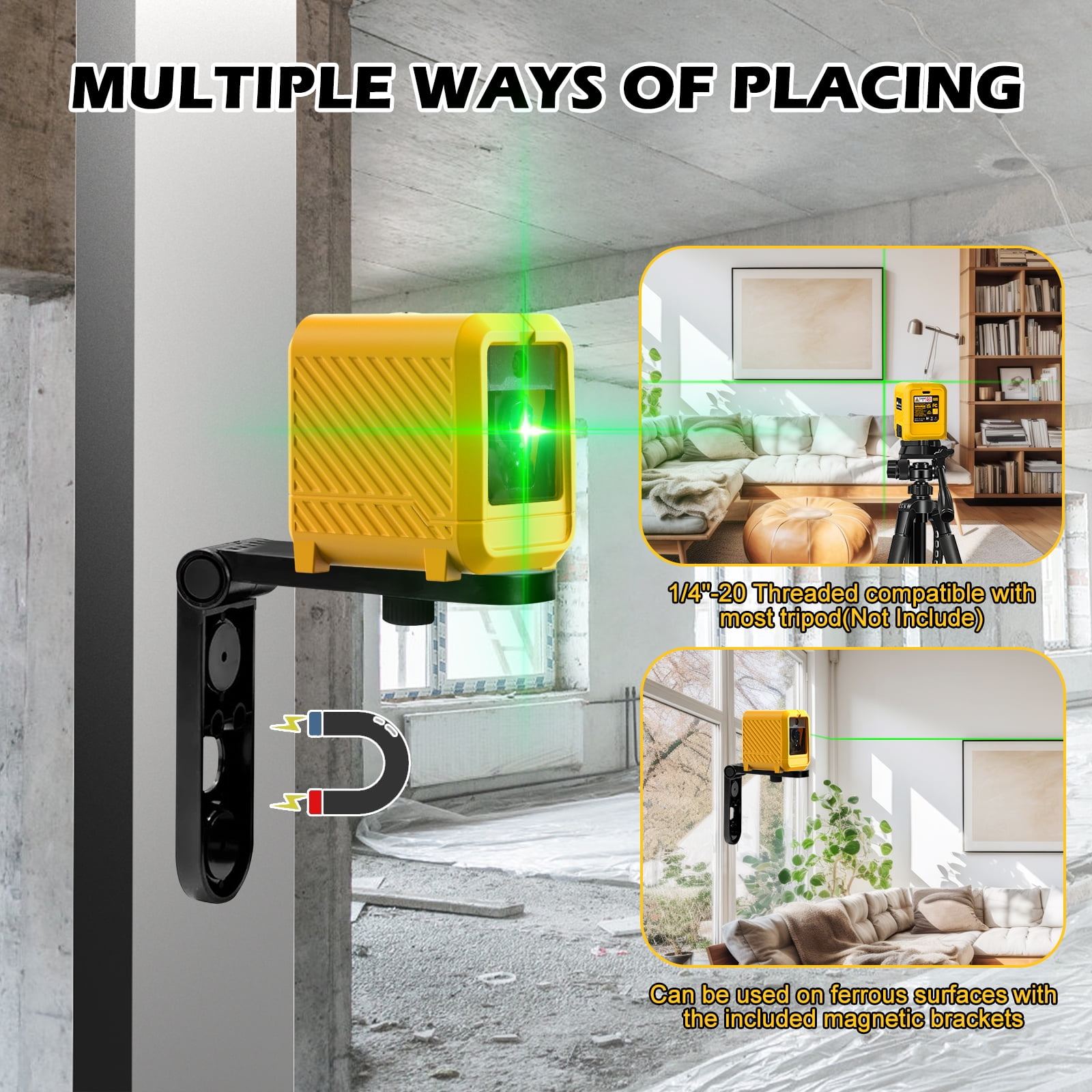 GloBest Portable Rechargeable Green Laser Level, Self-Leveling Cross Line Tool with Magnetic Bracket (Green, 100 ft Range) o3r6b