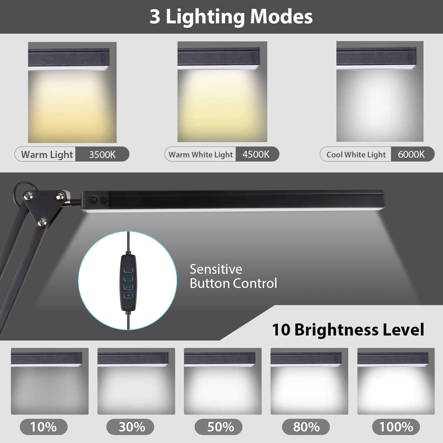 Rirool LED Desk Lamp with Clamp, Adjustable 3 Color Modes & 10 Brightness Levels, Flexible USB Powered Clip Light for Office and Reading (Black) 26ym7