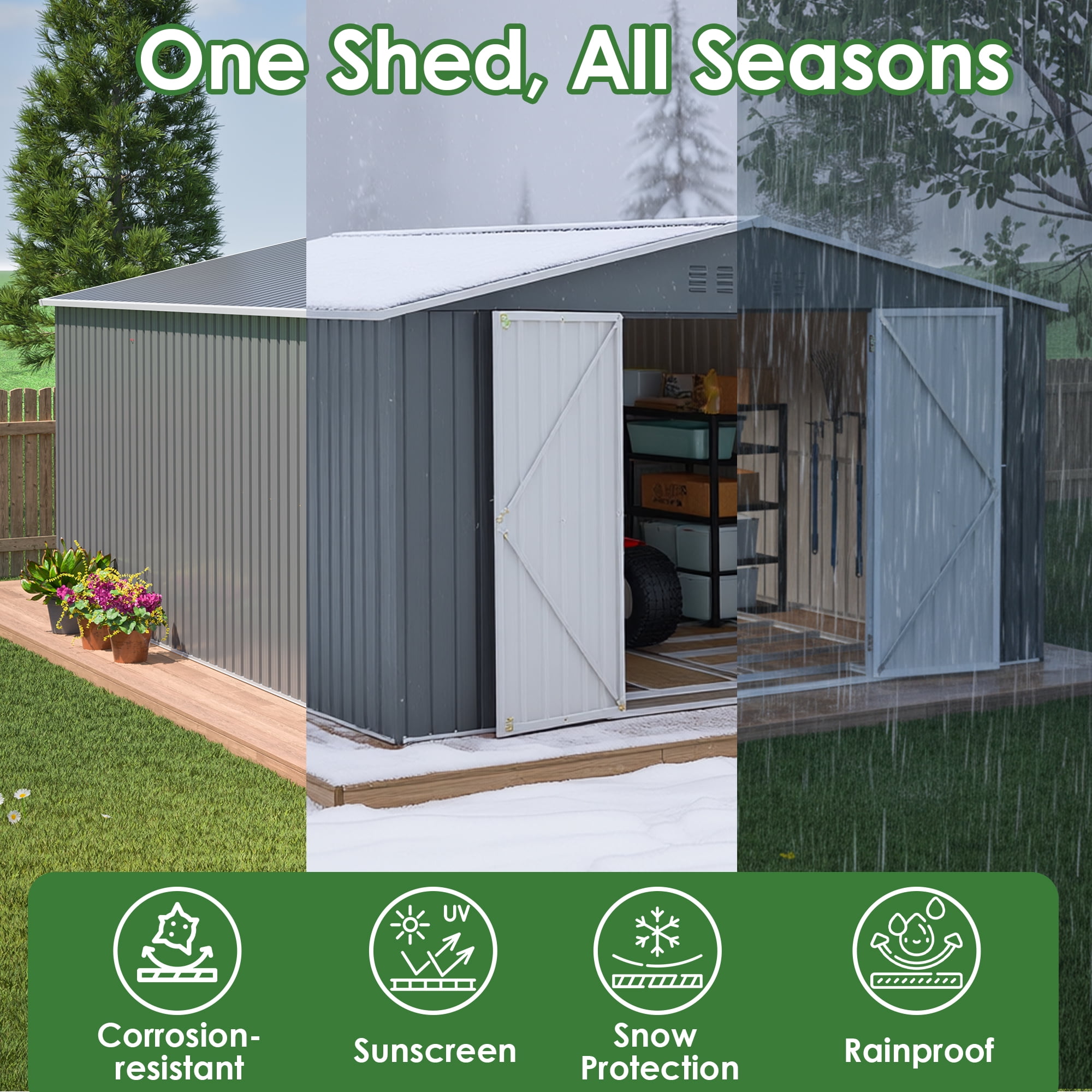 LZBEITEM Outdoor Storage Metal Shed, Galvanized Steel Garden Tool House with Floor Frame Kit and Lockable Doors (Gray, 11 x 13 ft) rda6a