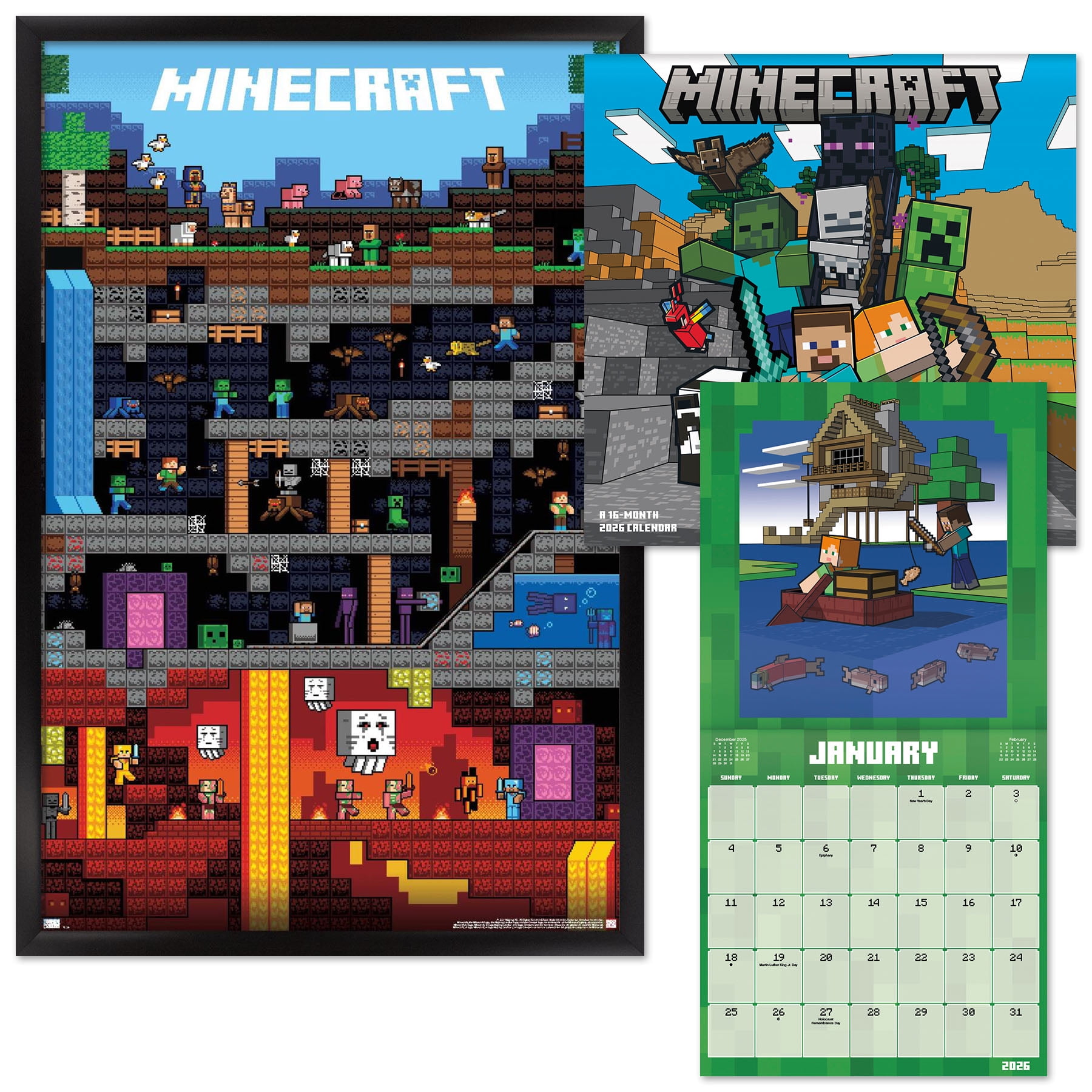 Trends International Minecraft Framed Poster and 2026 Wall Calendar Set (Black, 12 in x 12 in) e5bj1