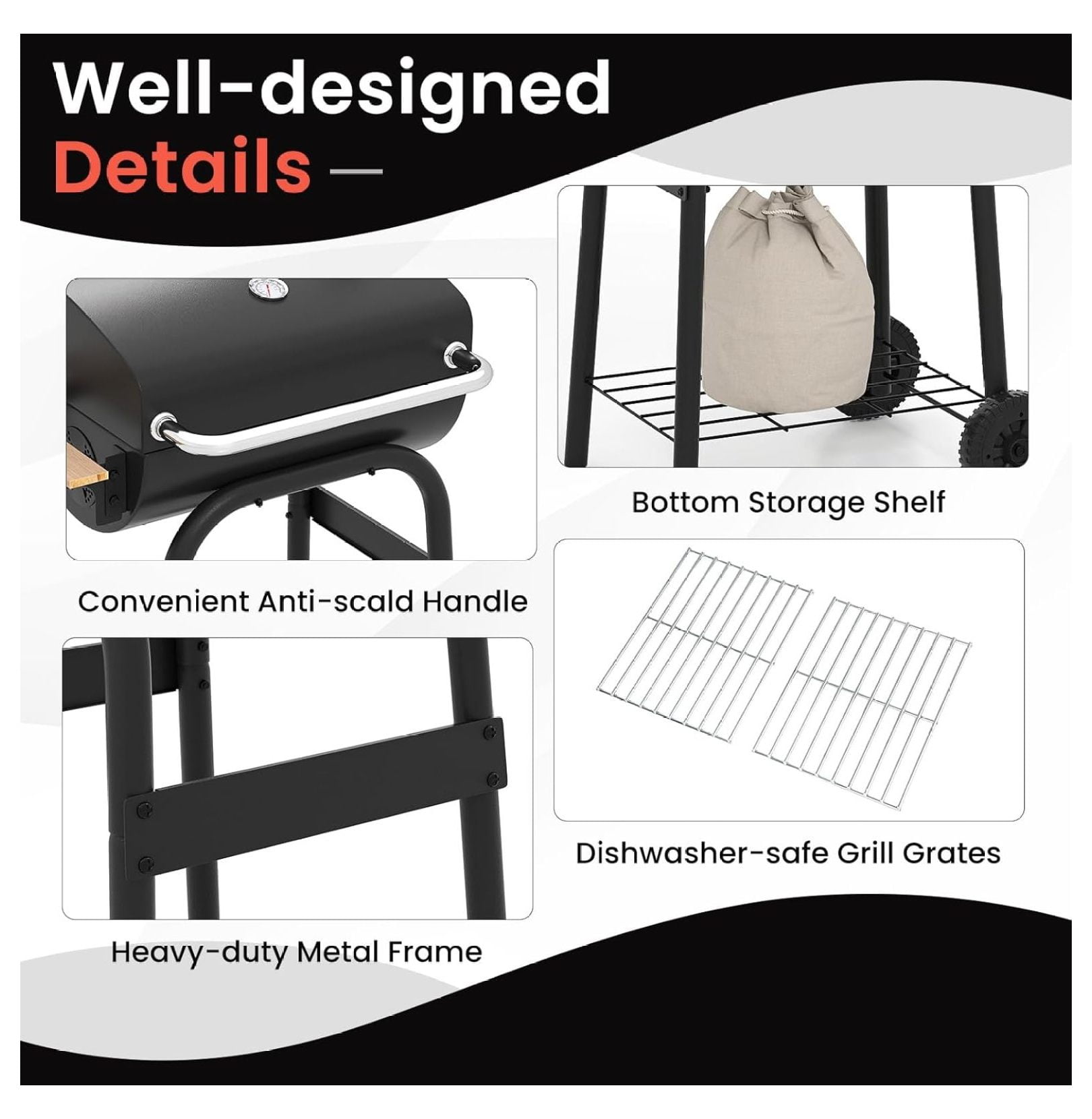 SHUZHIWANSHANG Charcoal Grill, Outdoor BBQ Smoker with Foldable Side Table and Wheels (198 sq in) e2x14