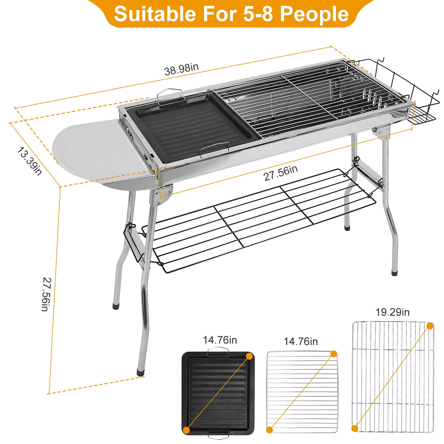 Generic Portable Foldable Charcoal BBQ Grill Stainless Steel Outdoor Cooking Station (Silver, 39 in) svwow