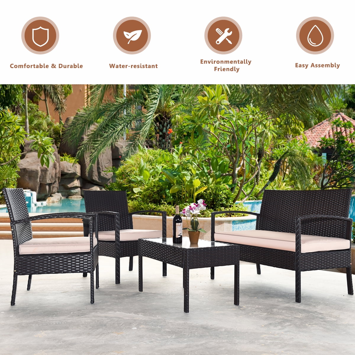 Costway 4-Piece Patio Rattan Conversation Furniture Set with Cushions and Glass Table (Brown, 4-Piece Set) y3b9y