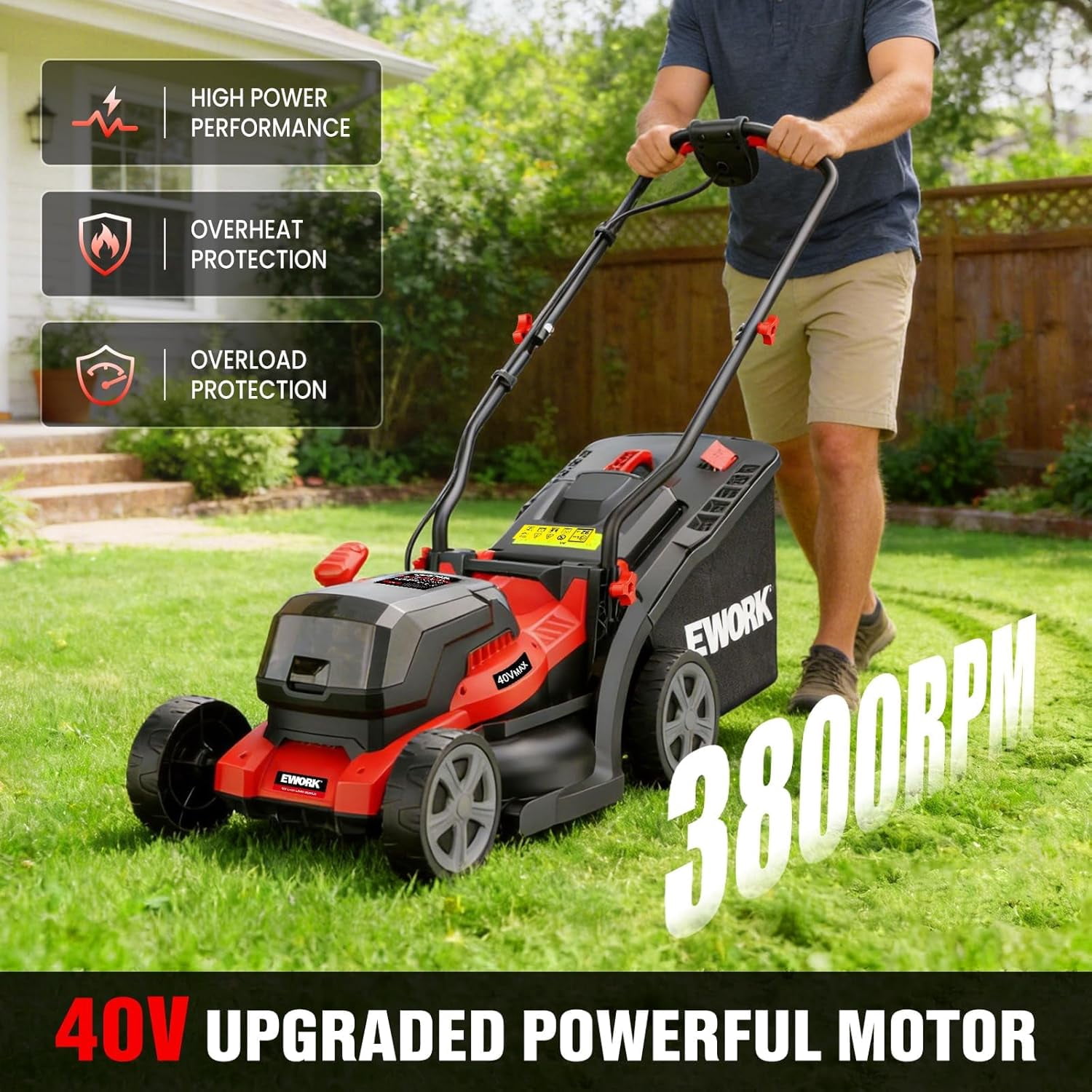 EWORK 40V Cordless Electric Lawn Mower, Lightweight Push Mower with 2 Batteries & Charger (Red, 14 in) r61g7