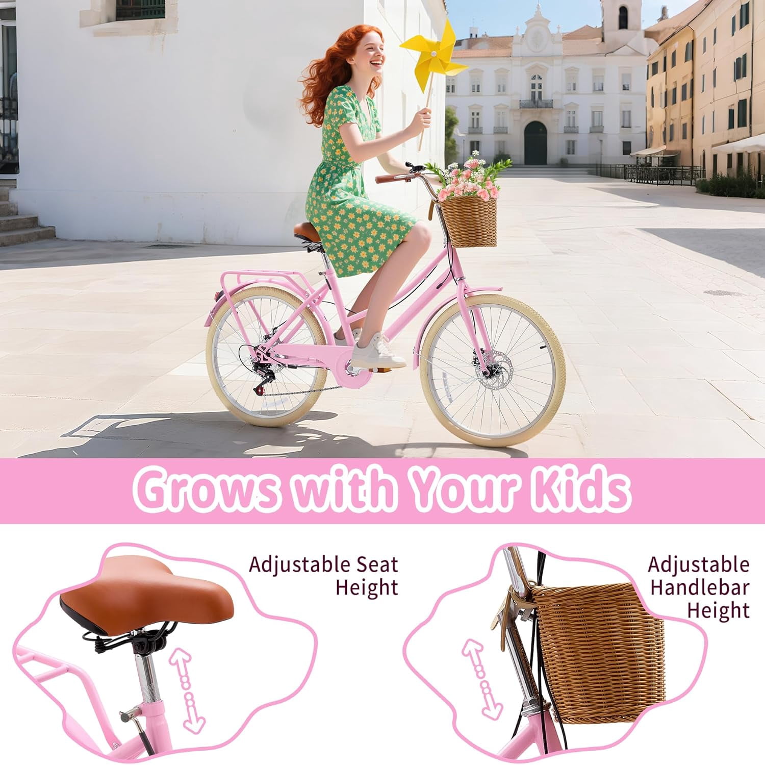 DEYGIA 20 Inch 7-Speed Retro Cruiser Kids Bike with Rattan Basket (Pink, 20 in) gt5nq