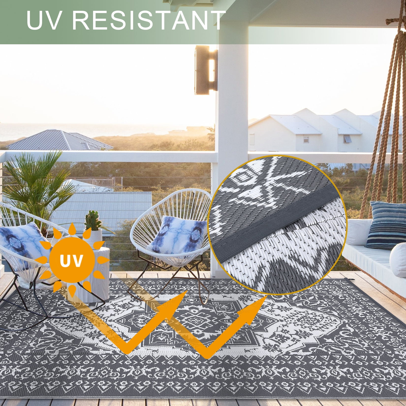HOMERRY Geometric Floral Outdoor Rug Waterproof Reversible Plastic Carpet for Patio RV (White/Gray, 8 ft x 10 ft) kbbgr