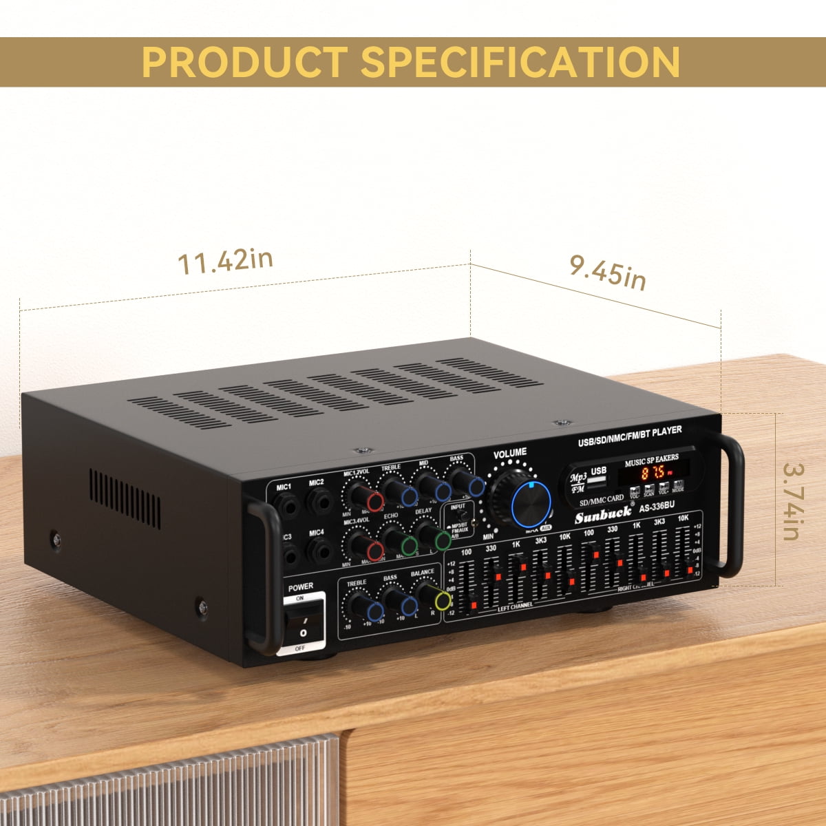 Topteng Stereo Receiver Amplifier with Bluetooth 5.0, 2000W HiFi Home Theater Audio System, 4 Mic Inputs, FM, USB, SD, AUX (Black, 11.4x3.7x9.4 in) dacqh