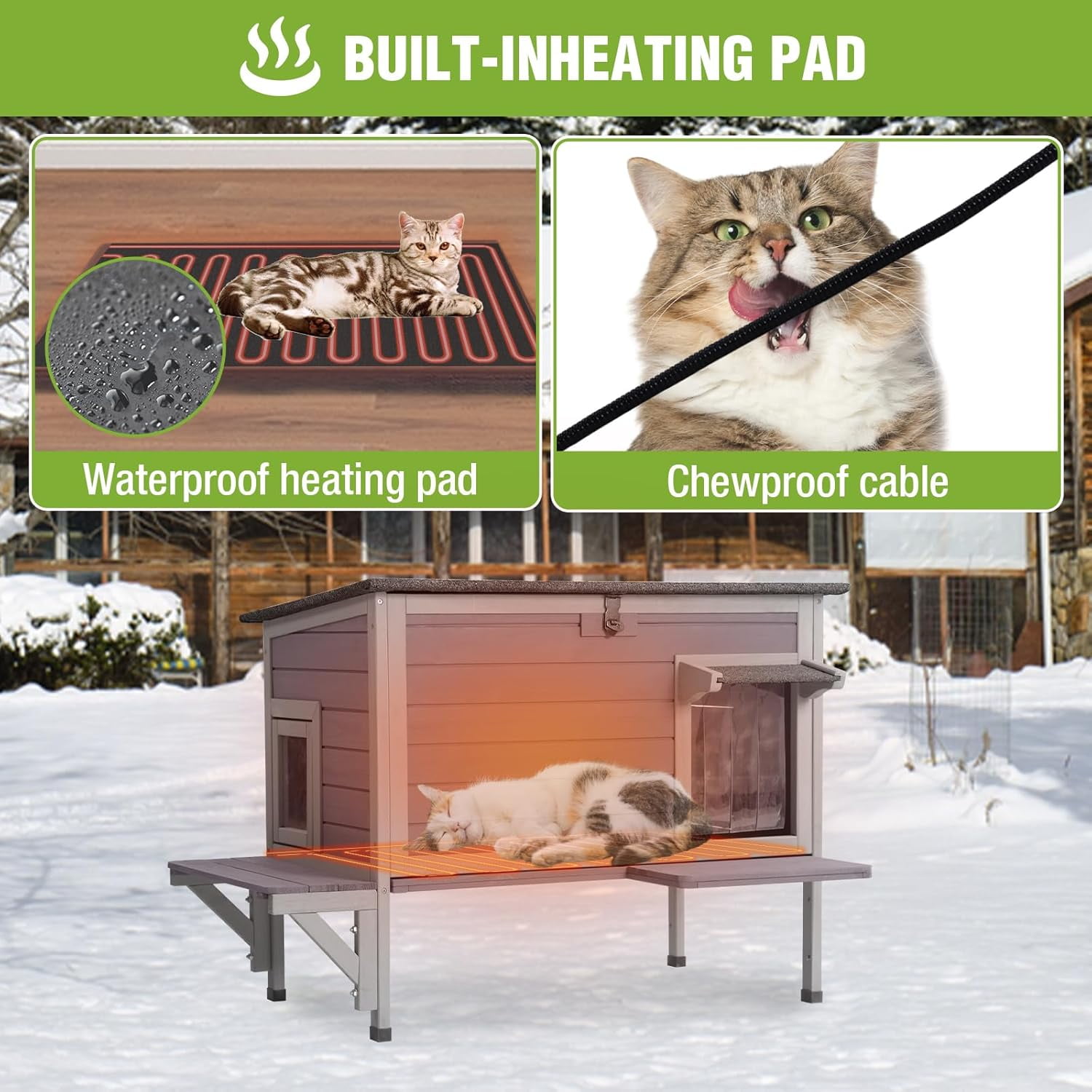 Aivituvin Heated Outdoor Cat House, Weatherproof Insulated Shelter for Feral Cats (Grey, Large) 5ypby
