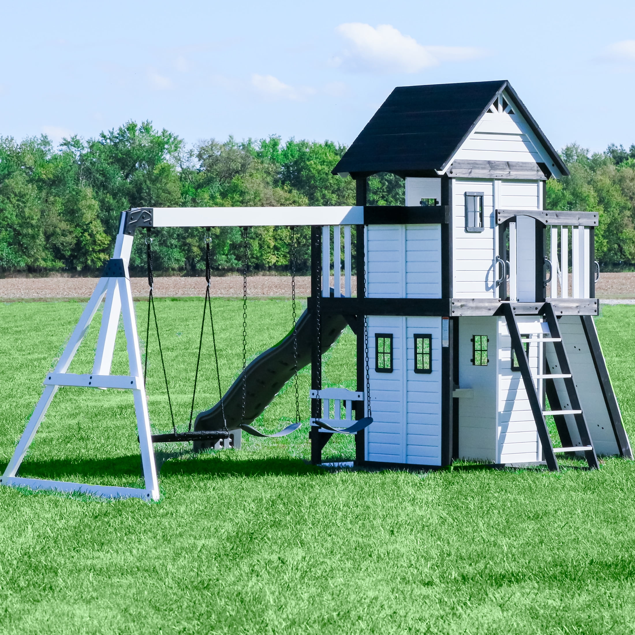 Backyard Discovery Canyon Creek Cedar Wood Swing Set with Slide, Clubhouse, and Rock Wall (White, Large) dzuh1