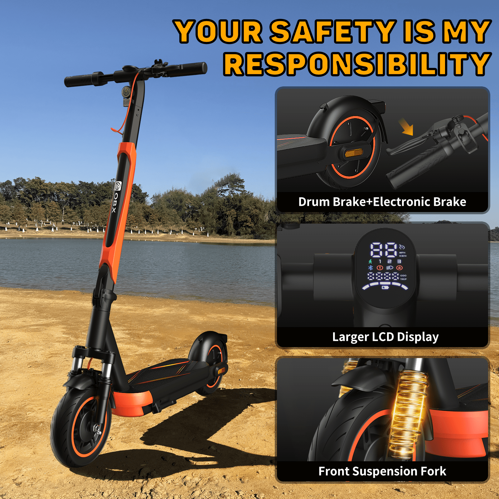 OBX Electric Scooter for Adults, 21MPH 800W Motor, 22 Mile Range, Folding Commuter E-Scooter (Orange, 10 in Tires) xu7zr