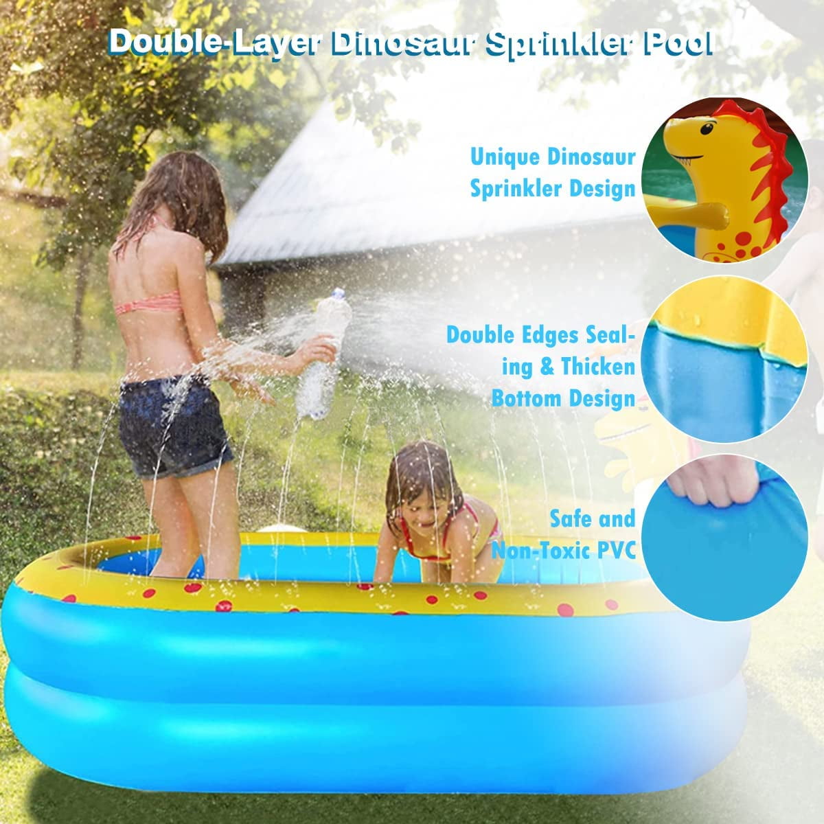 Swfoer Inflatable Dinosaur Pool for Kids, Outdoor Splash Pad with Sprinkler (Blue, 67 in x 41 in x 32 in) 4bl5d