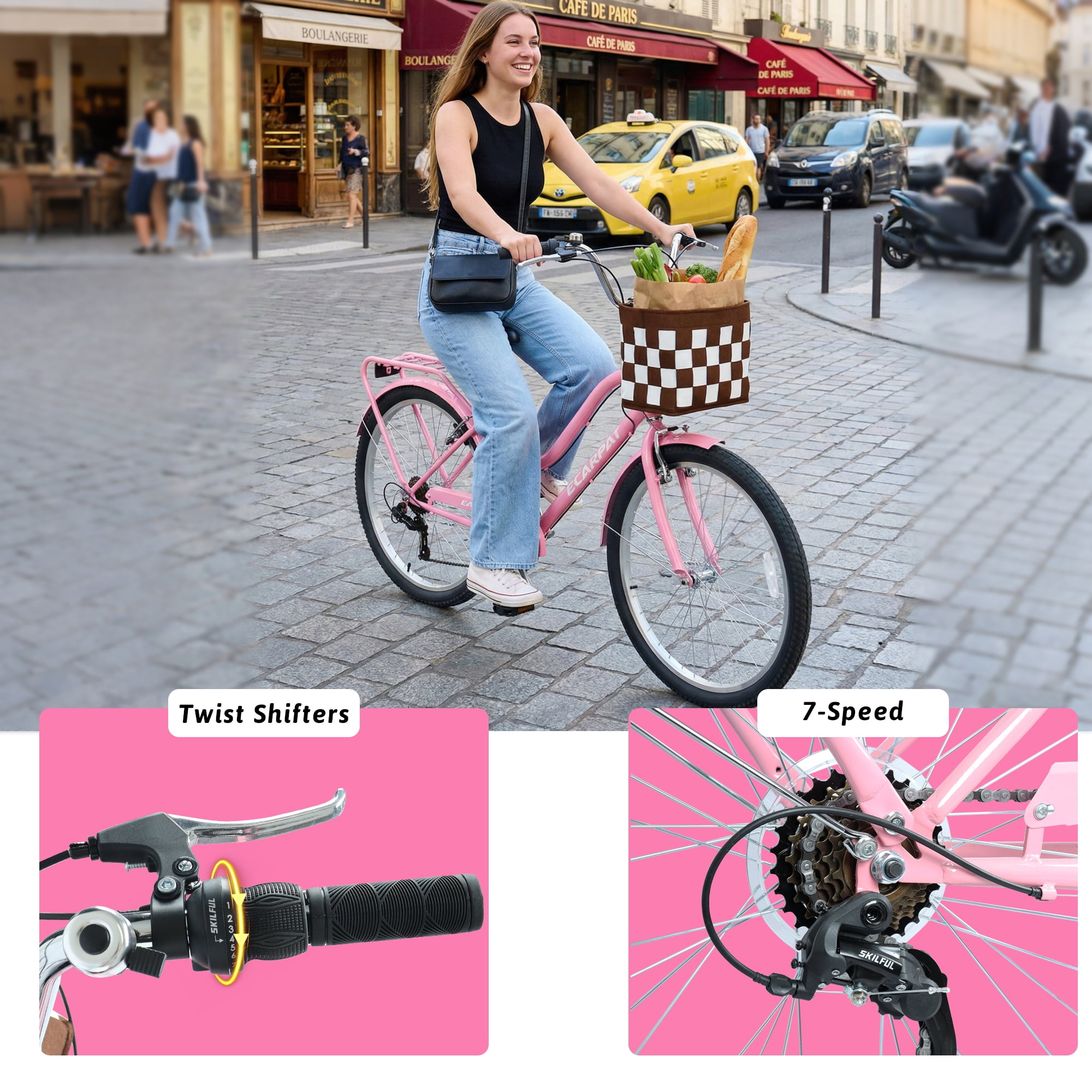 Raistyw 7-Speed Cruiser Bike, Lightweight City Commuter Bicycle with V-Brakes and Detachable Basket (Pink, 26 in) og8az