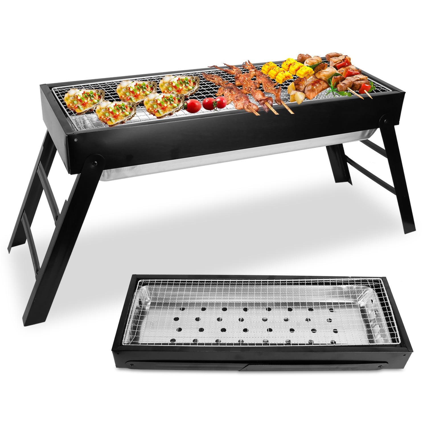 Zorpupoa Foldable Charcoal BBQ Grill Portable Stainless Steel Tabletop Grill for Camping and Outdoor Cooking (Black, 21.85x8.85x12 in) wrd1d