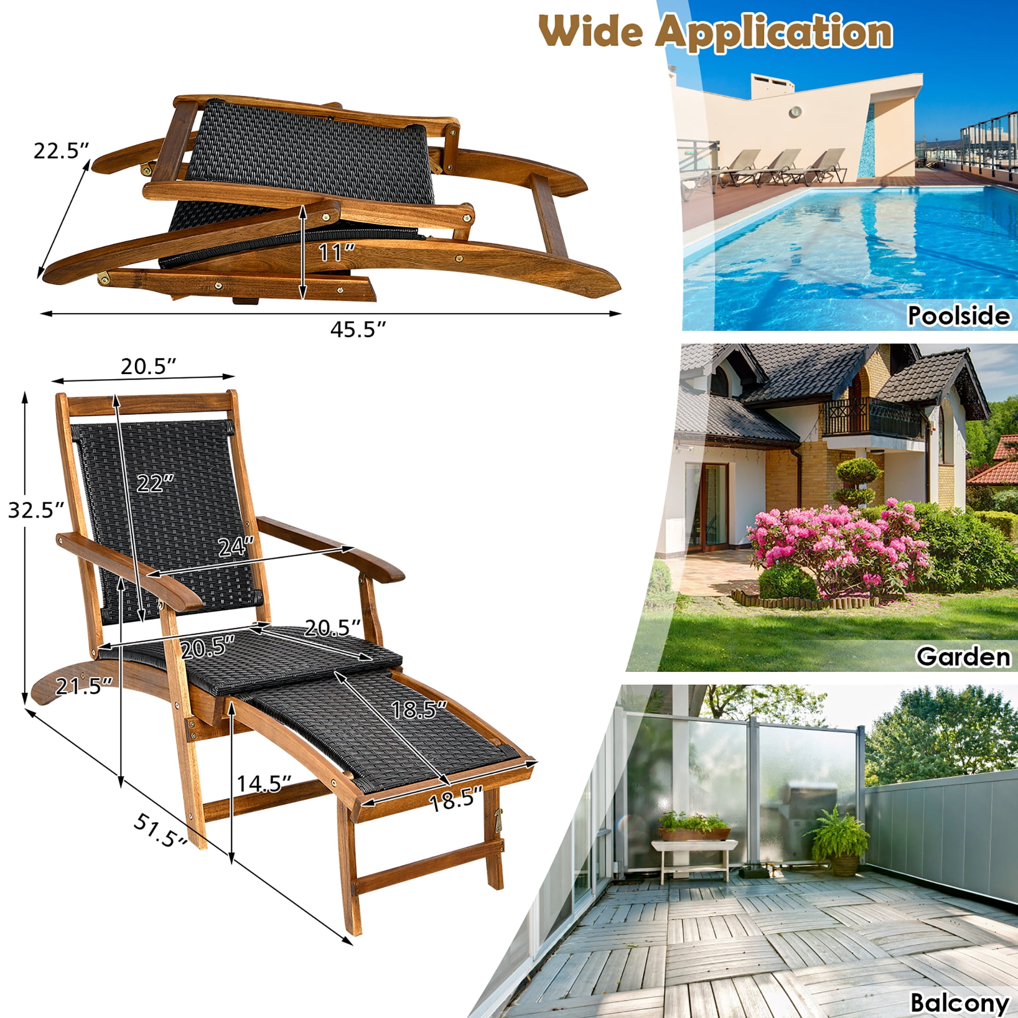 Costway 2-Piece Patio Folding Rattan Lounge Chair Set with Retractable Footrest (Brown, 24 in x 51.5 in x 32.5 in) motay