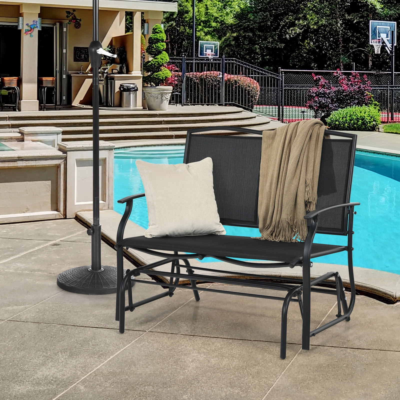 Patiojoy 2 Person Outdoor Glider Bench Rocking Lounge Chair with Steel Frame (Black, 396 lb Capacity) gsij5