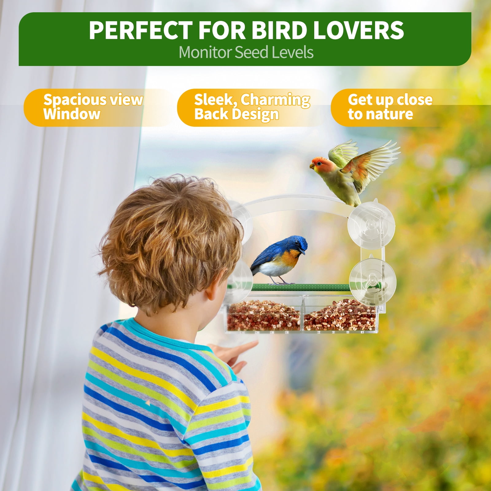 PHANCIR Window Bird Feeder for Outdoors, Clear Acrylic Bird House with Strong Suction Cups and Removable Seed Tray (10.5 in x 3.93 in x 7 in) 8w4ps