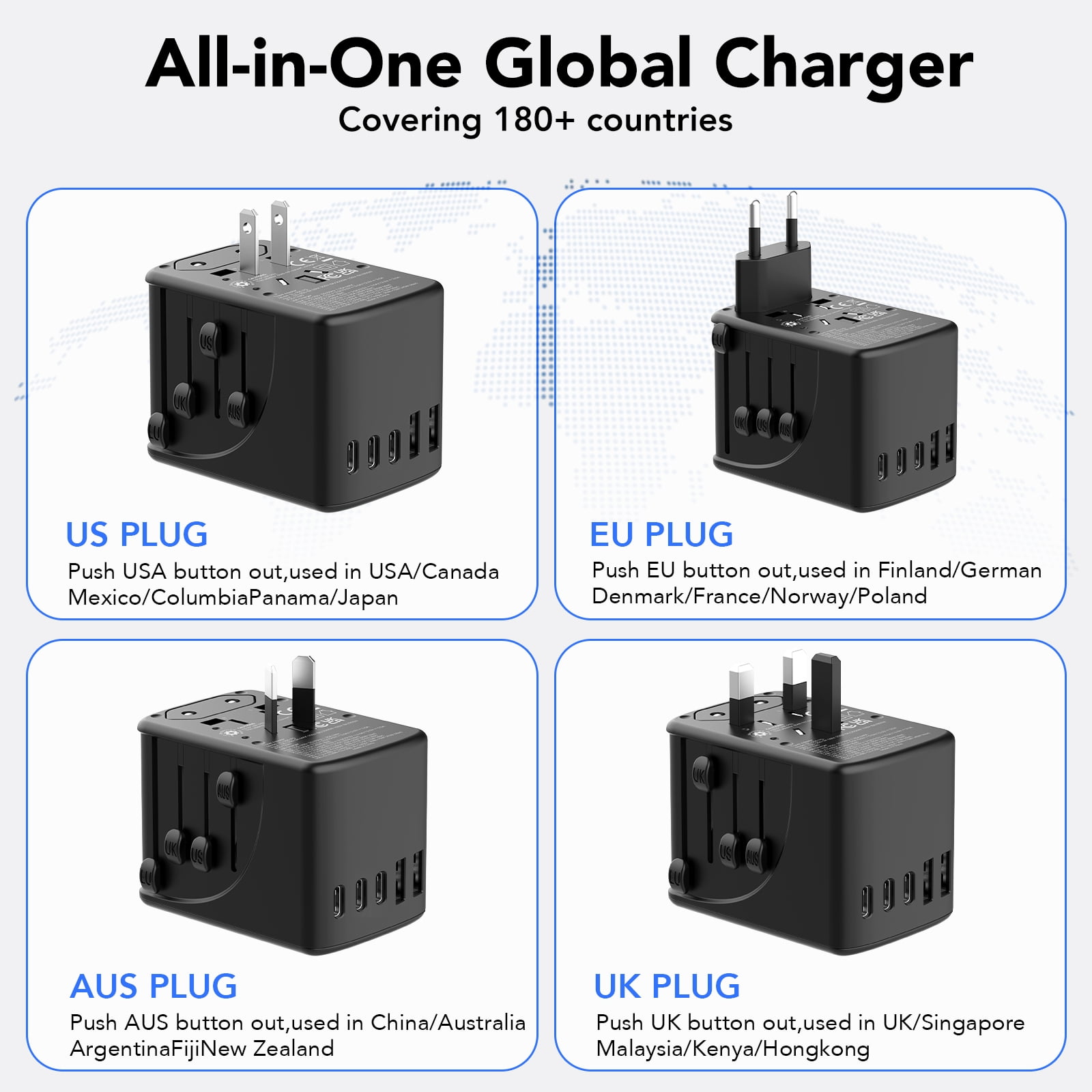 FAMOO Universal Travel Adapter International Power Plug with 3 USB-C and 2 USB-A Ports (Black) epx76