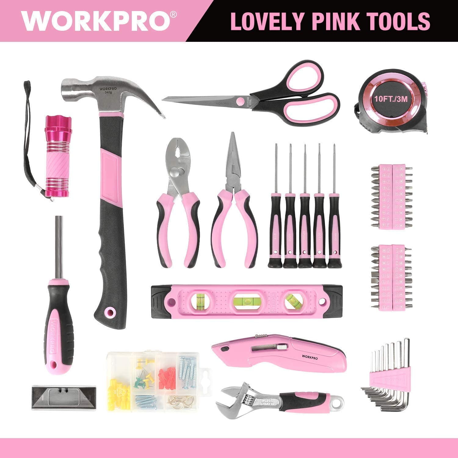 WORKPRO 106-Piece Home Repair Tool Set with Wide Mouth Storage Bag (Pink, 106-Piece) stzxt