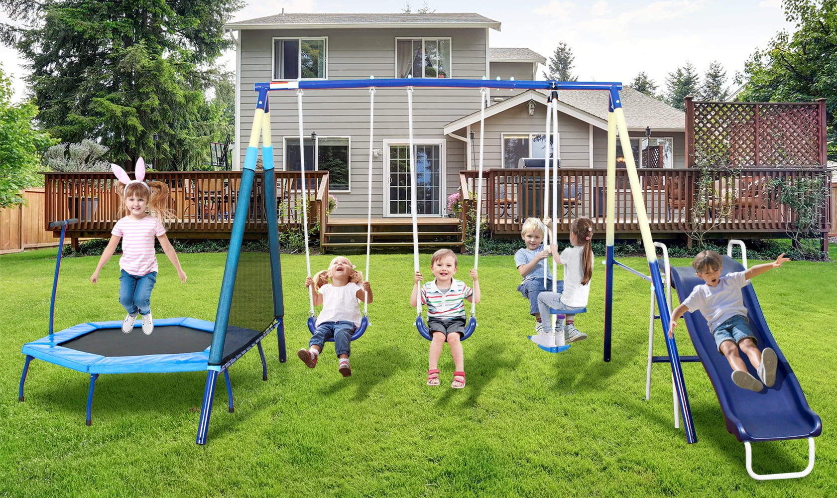 SMkidsport 5-in-1 Outdoor Swing Set with Slide, Detachable Trampoline, Swings & Glider (Black, 191 in x 91 in x 74 in) qx4p1