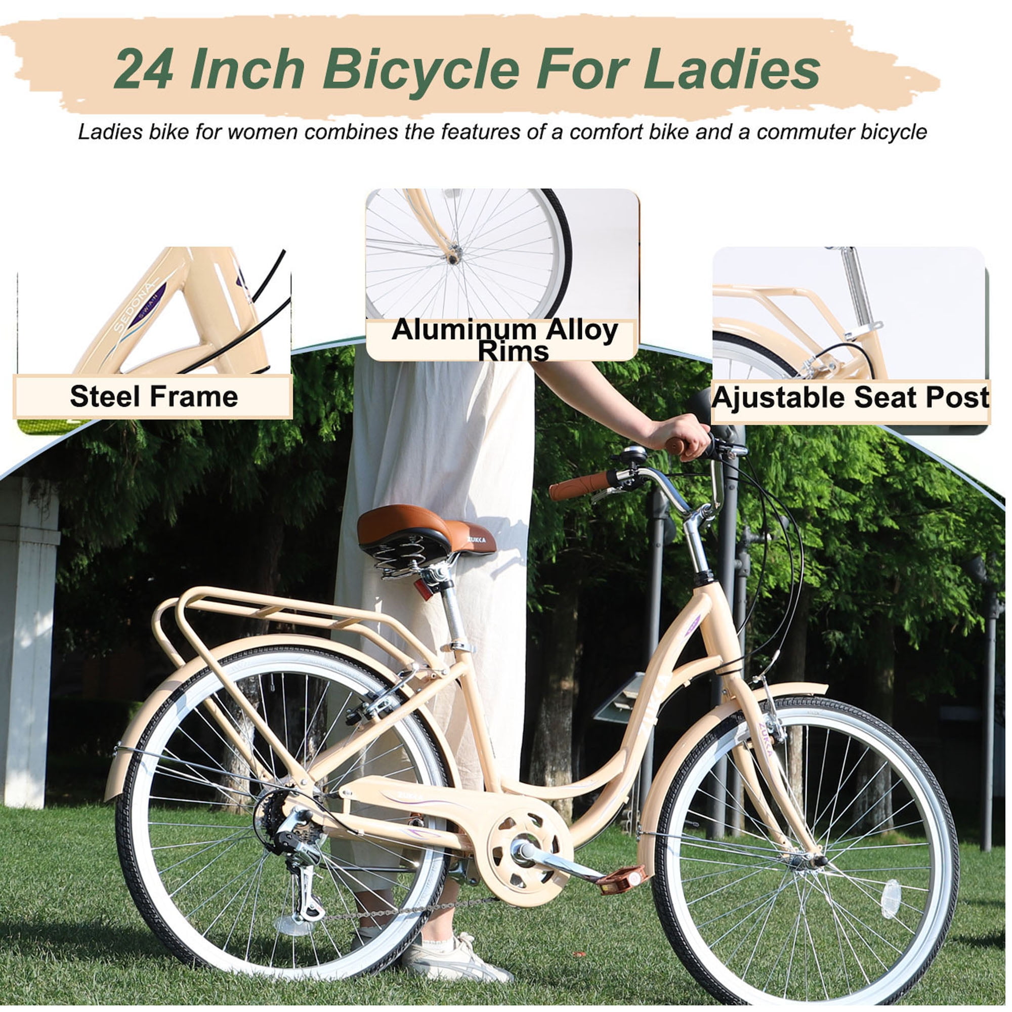 Juuar 24 in Cruiser Bike for Women, 7-Speed Steel Frame City Commuter Bicycle (Beige, 24 in) xn8xz
