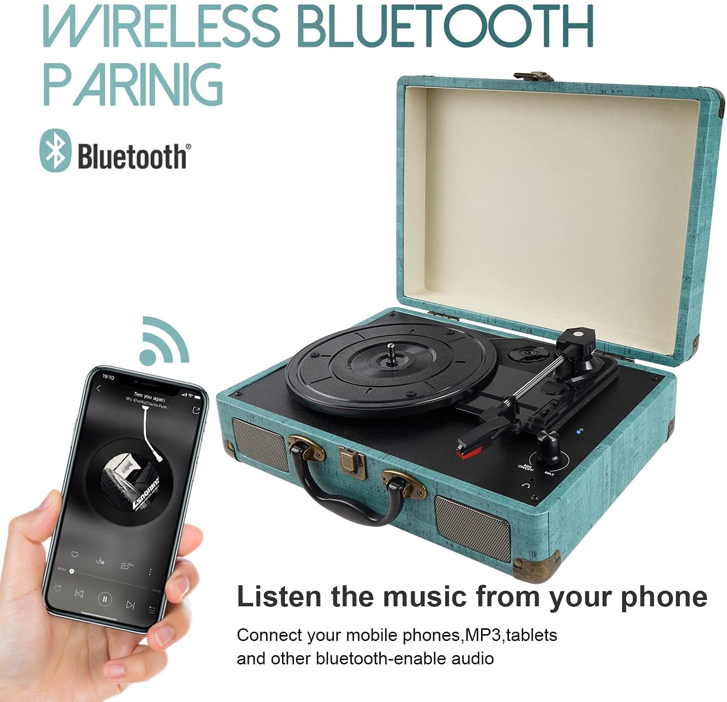 DIGITNOW Vintage 3-Speed Bluetooth Vinyl Turntable with Stereo Speakers (Blue, 13.8 in x 10.2 in x 4.7 in) p58cj