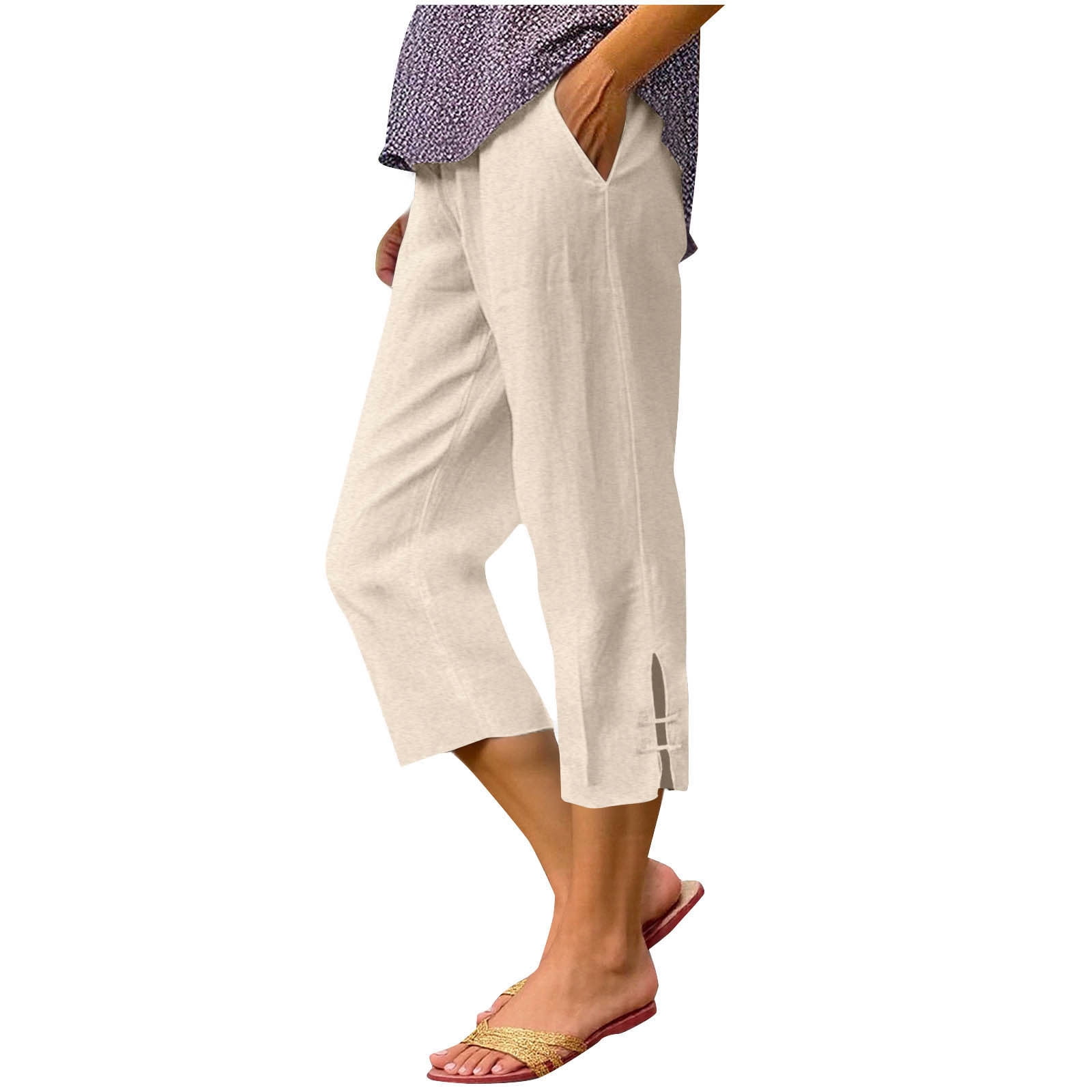 TOPLIU Women's Linen Capris Wide Leg Pants with Pockets (Beige, L) fo1zw
