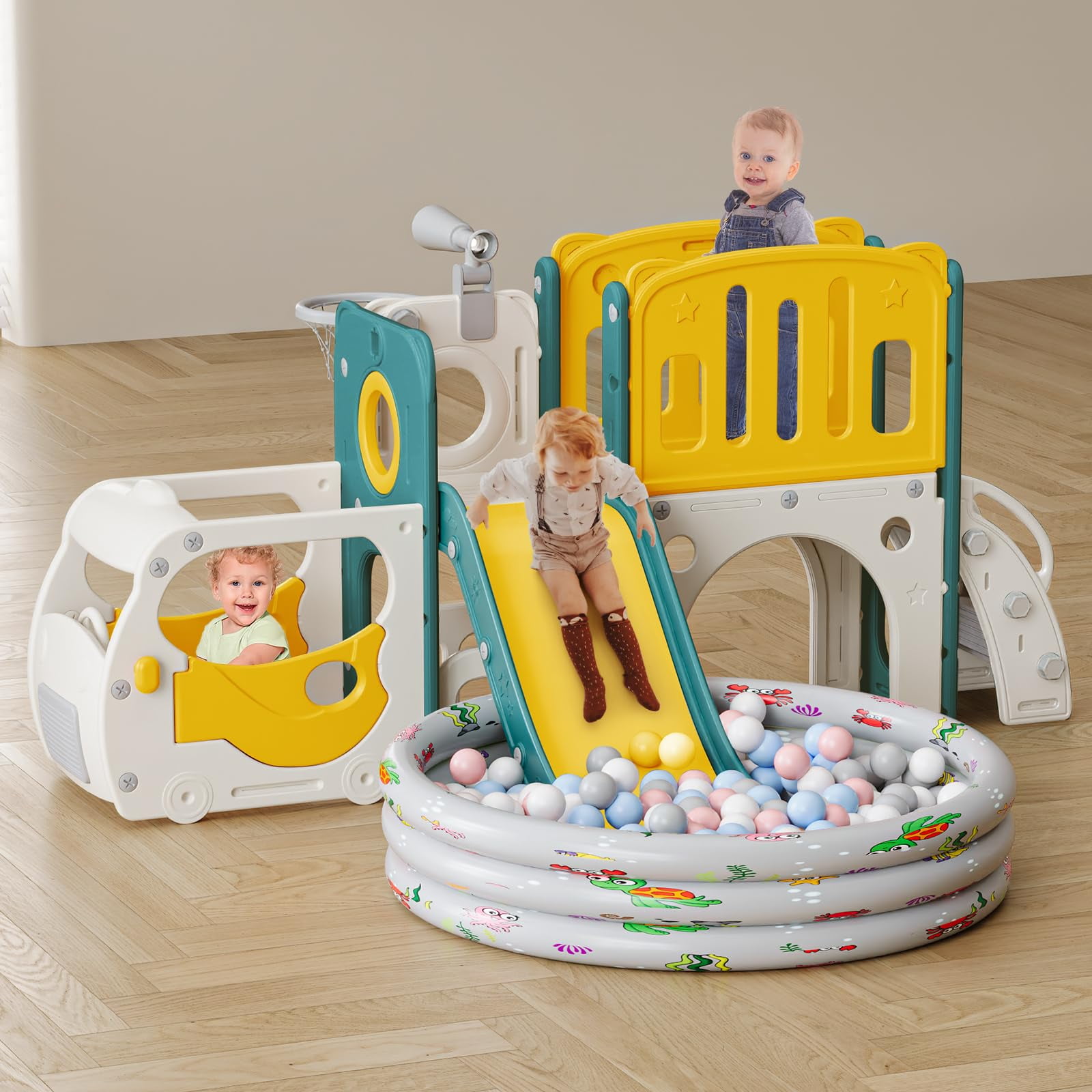 JIAOQIU Bus Themed Toddler Slide Playset with Climber and Basketball Hoop (Green) 63fi7