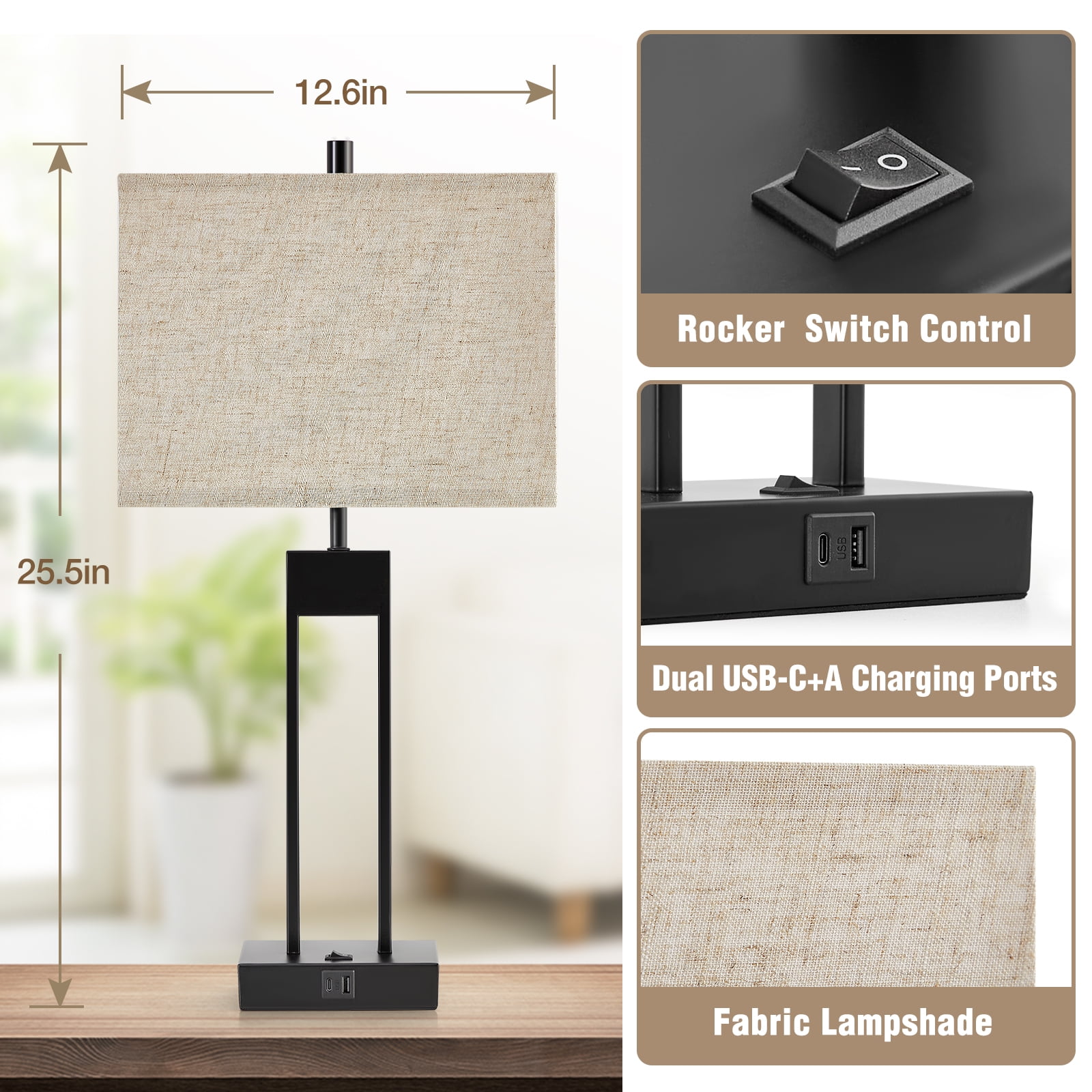 NATYSWAN Modern Table Lamps Set of 2, USB A+C Charging Ports, 3-Color Temperature LED, Fabric Shade (Black, 2 Pack) voyz6