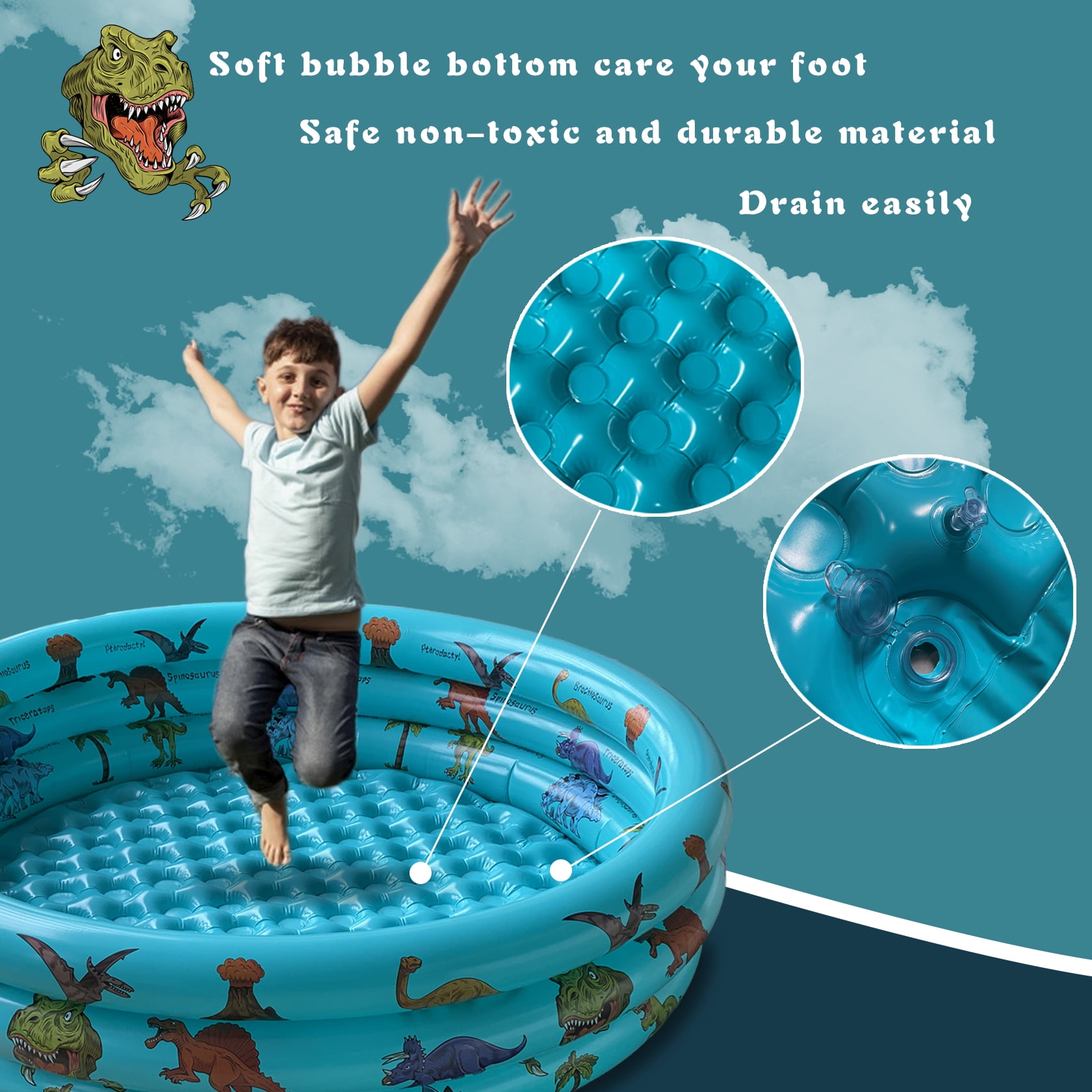 10Leccion Dinosaur Inflatable Kids Pool, Durable Round Swimming Pool for Toddlers, Portable Ball Pit (Blue, 57 in x 15 in) 6a2il
