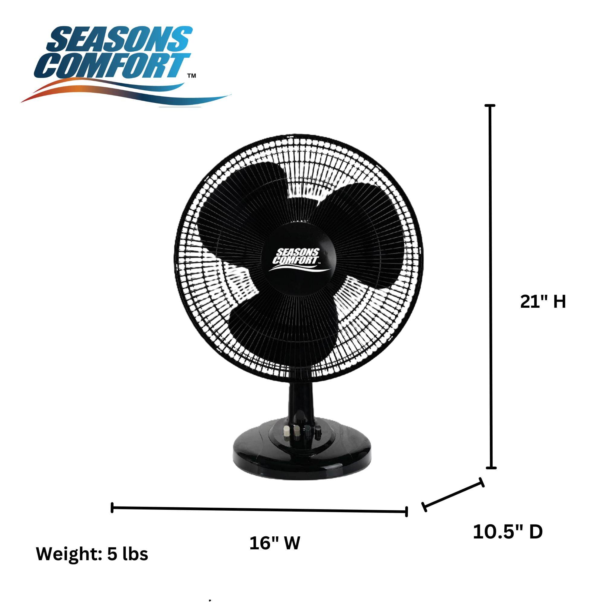 Seasons Comfort 16 Inch Oscillating Tabletop Fan, 3-Speed Quiet Cooling (Black, 21 in H x 16 in W) yy2b0
