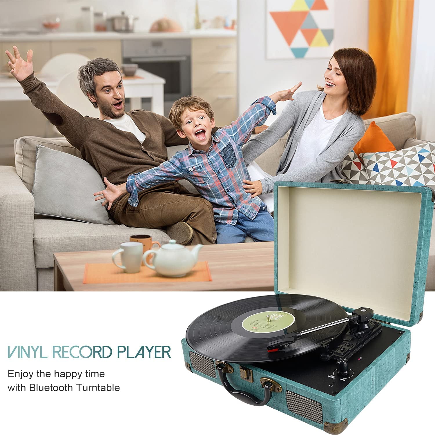 DIGITNOW Vintage 3-Speed Bluetooth Vinyl Turntable with Stereo Speakers (Blue, 13.8 in x 10.2 in x 4.7 in) p58cj